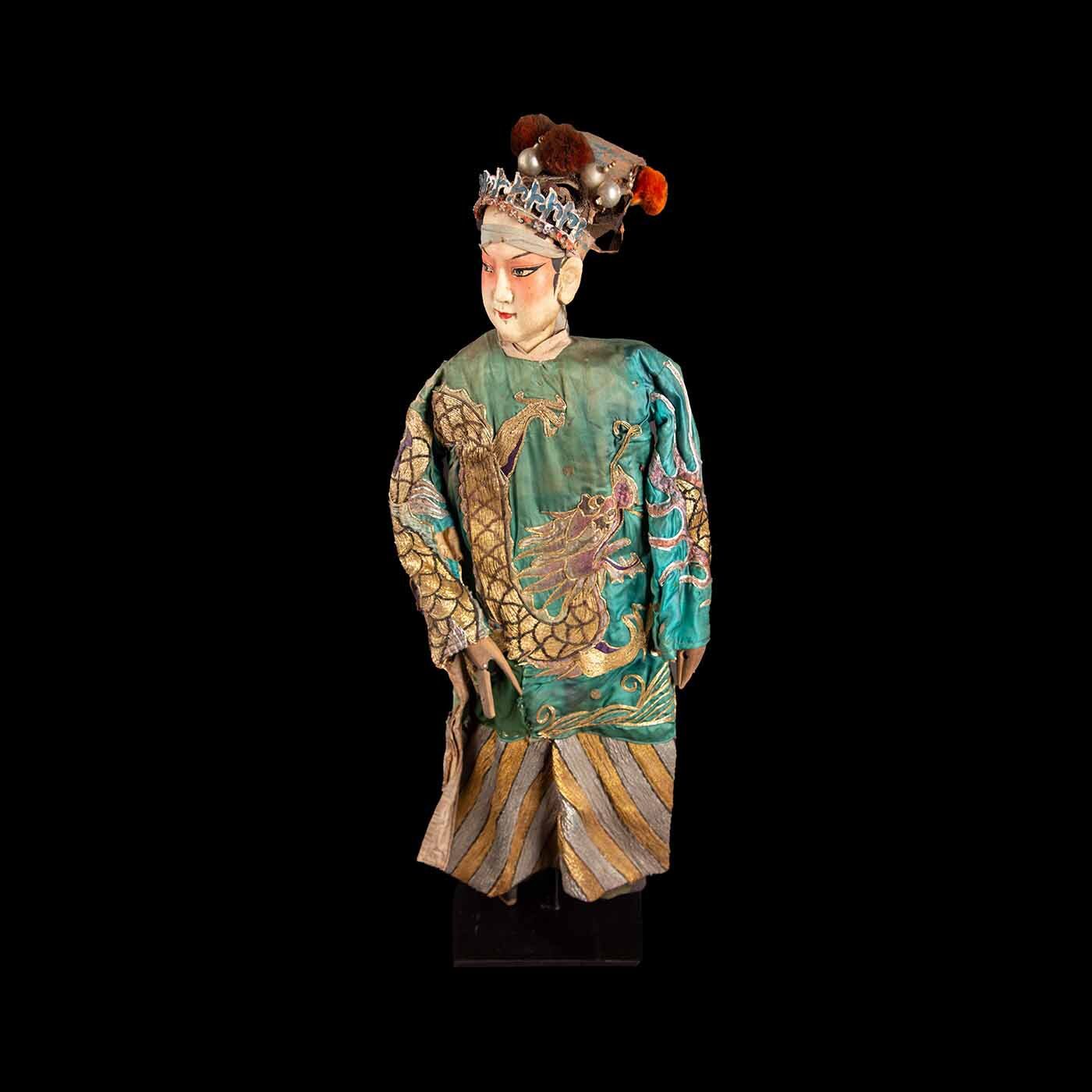Chinese Opera Theatre Marionette, Green Silk Robe, Pink Pom Poms
