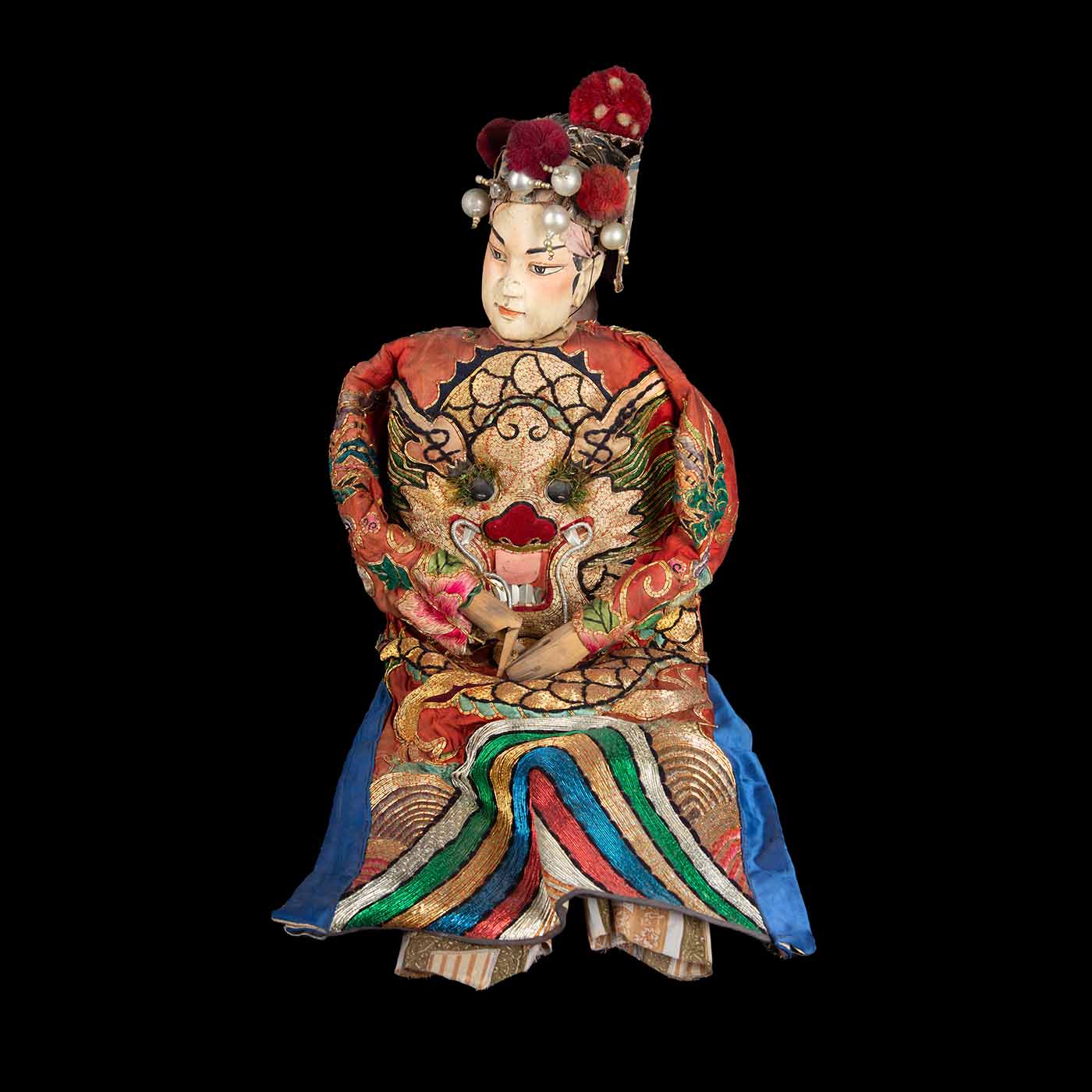 Chinese Opera Theatre Marionette, Red Silk Robe, Pink Pom Poms