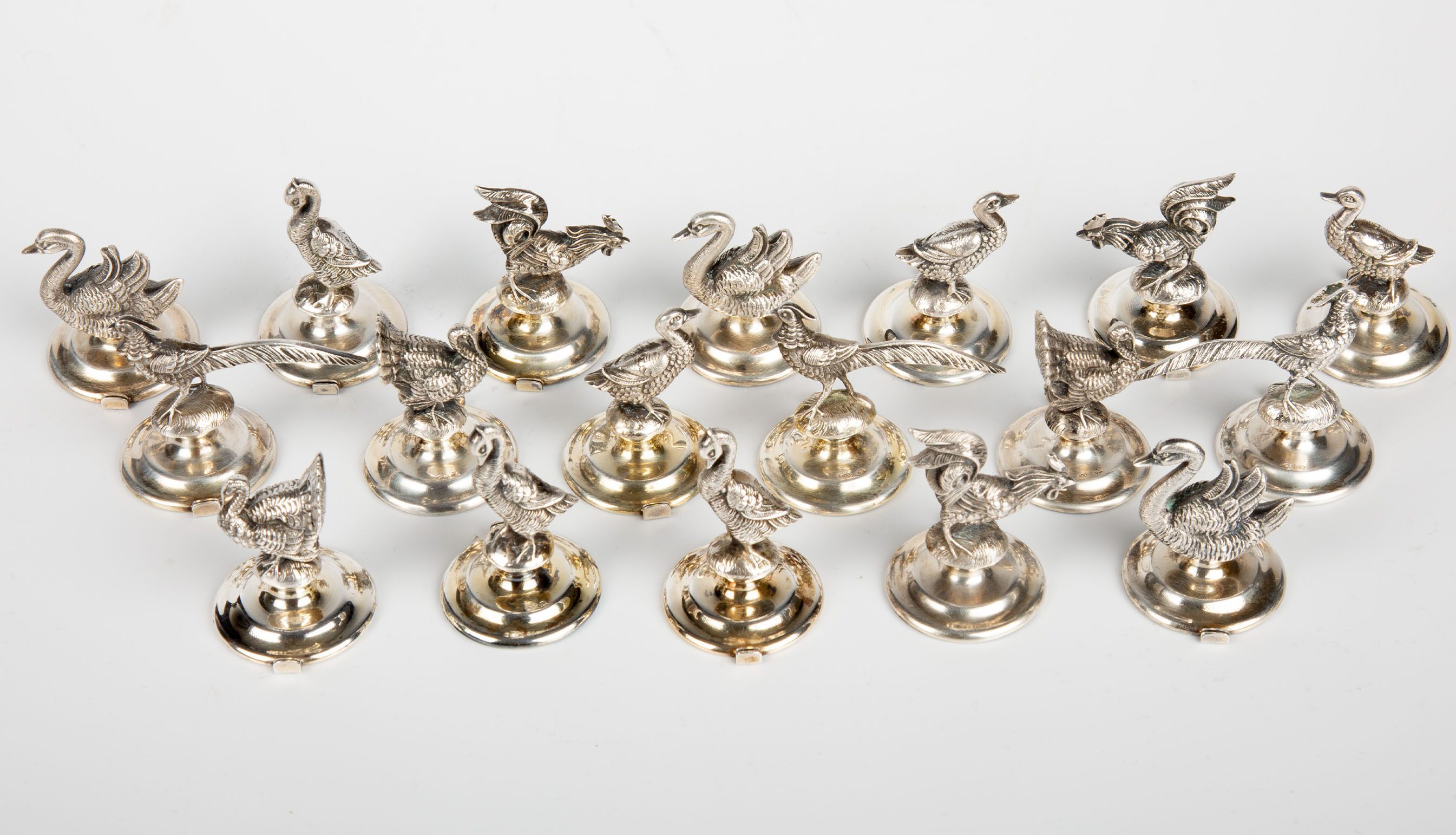 Rare Set of 18 Italian Silver Bird or Fowl Place Card Holders