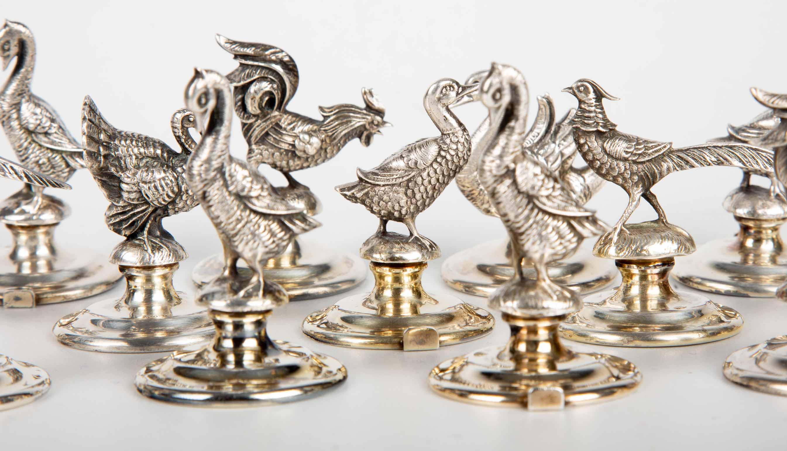 Rare Set of 18 Italian Silver Bird or Fowl Place Card Holders