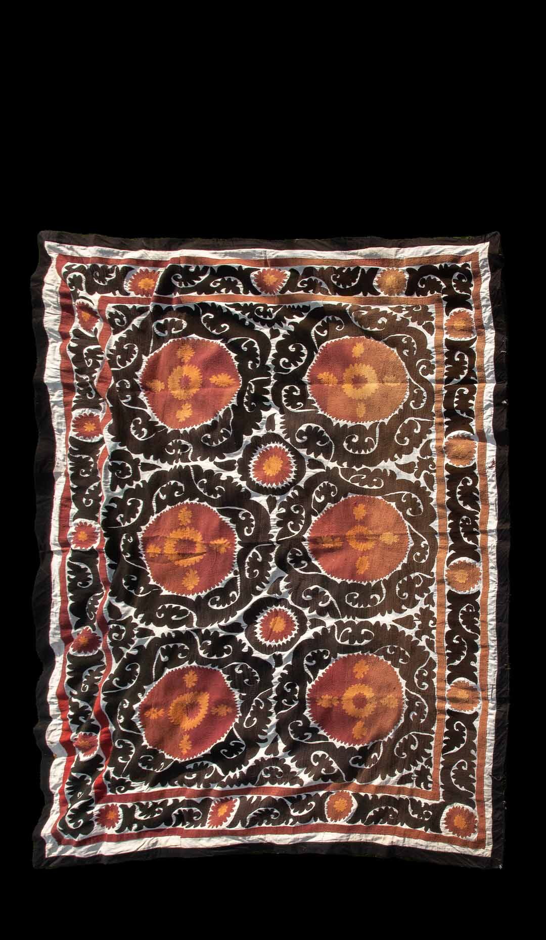 Handmade Vintage Cotton Suzani, Orange, and Charcoal