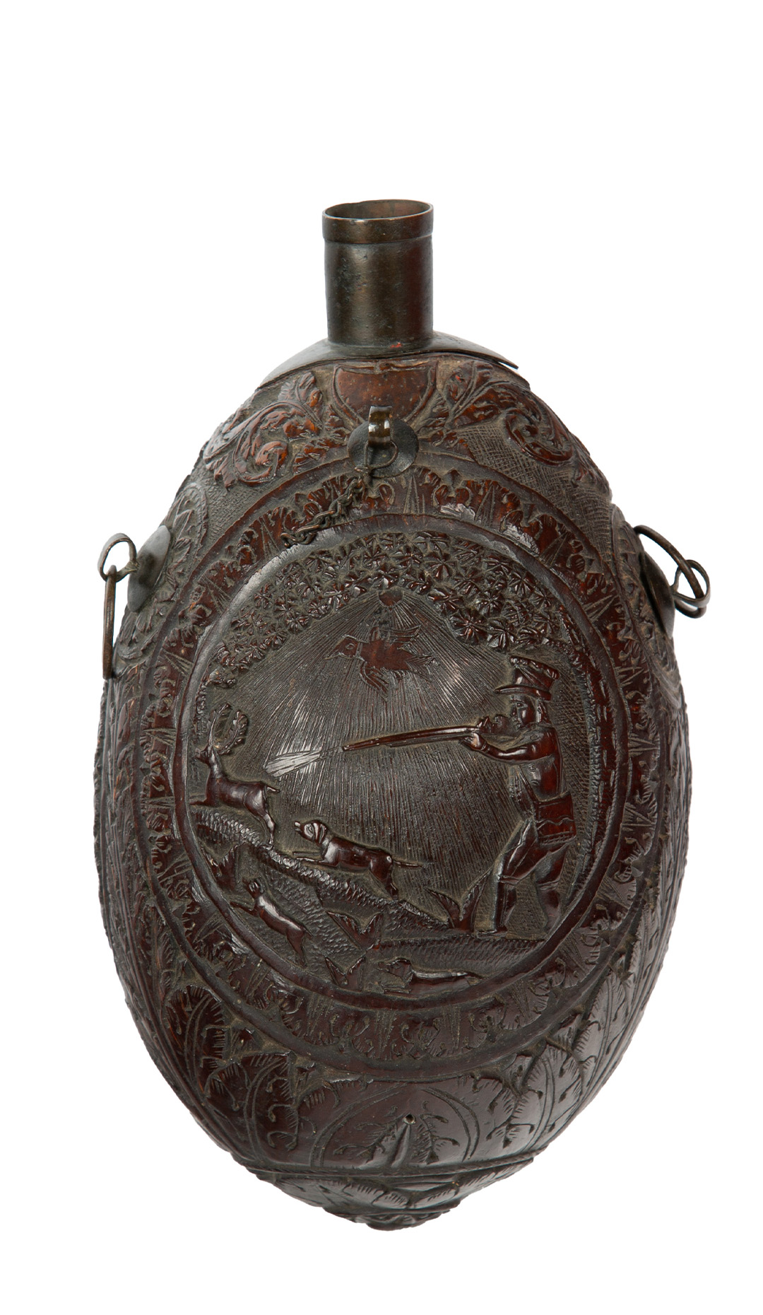 18th Century Carved Coconut “Bugbear” with Gentleman Hunting Scene