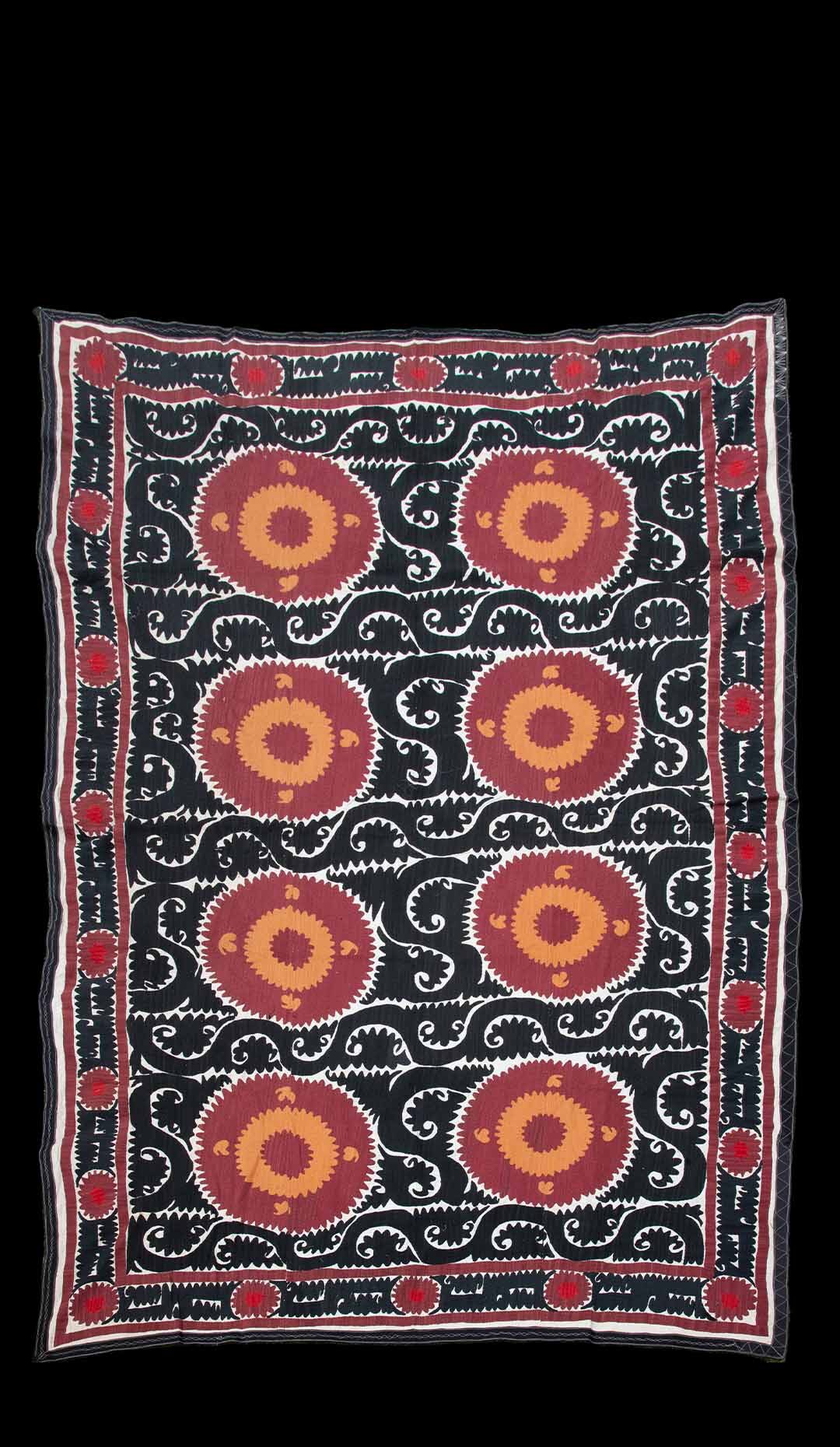 Handmade Vintage Cotton Suzani, Red, Orange, and Black