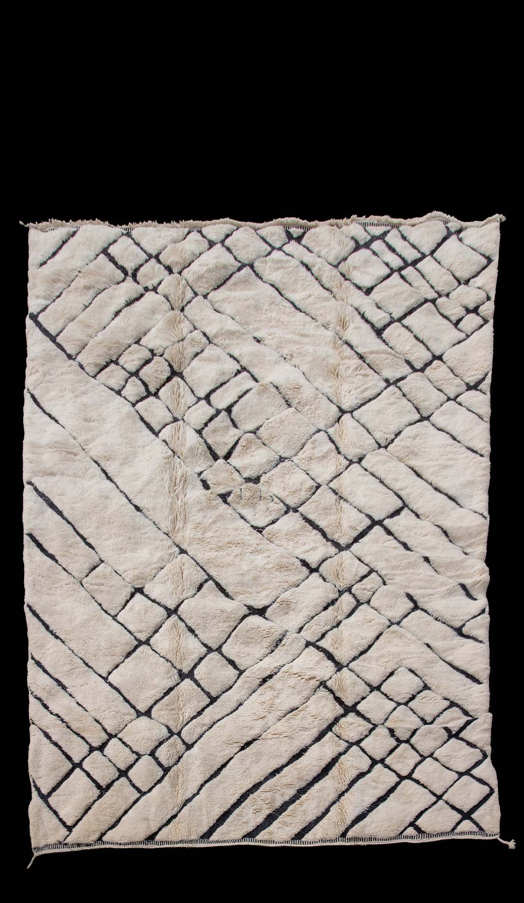 Cream and Black Abstract Moroccan Rug, 119