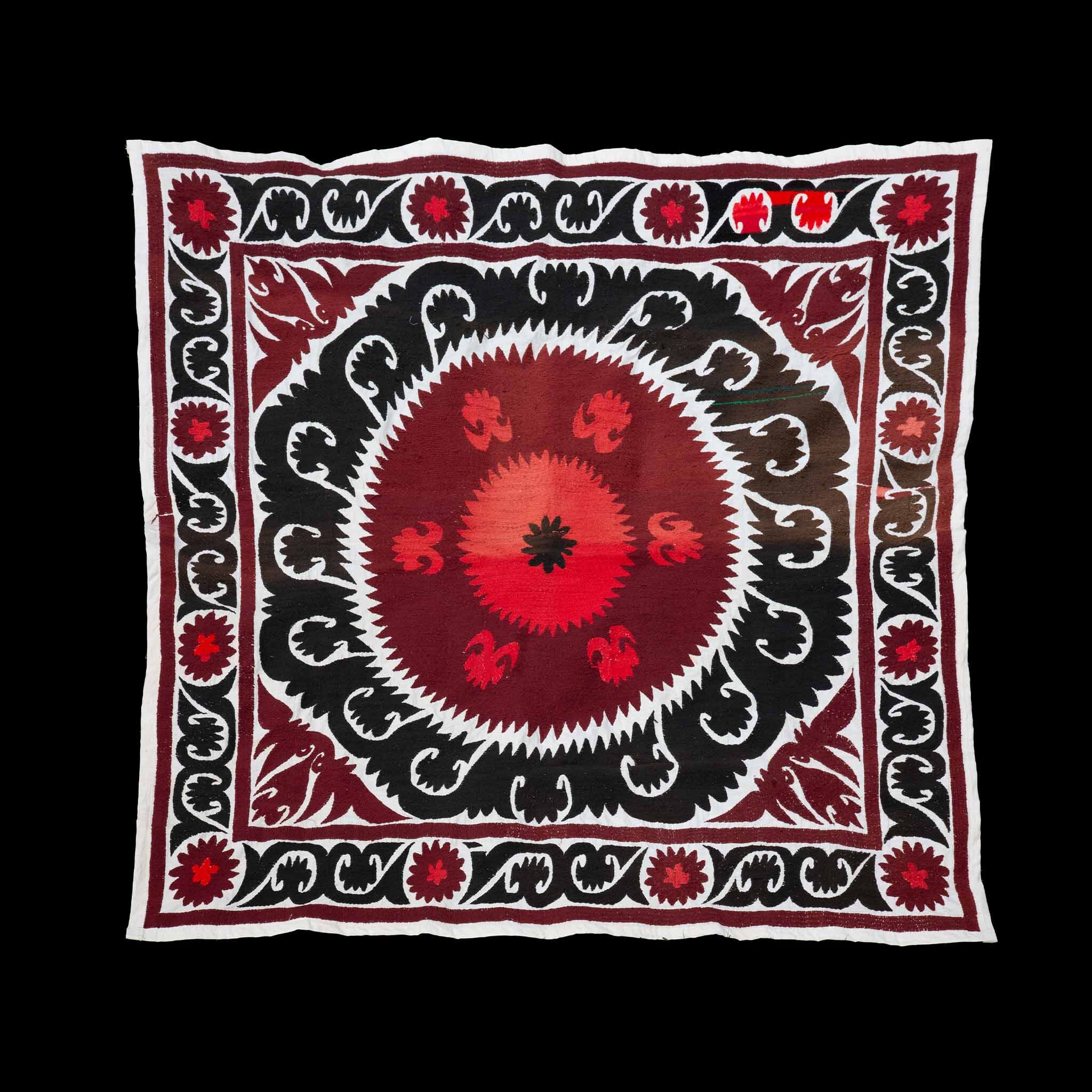 Handmade Vintage Cotton Suzani, Red, Charcoal, and Black