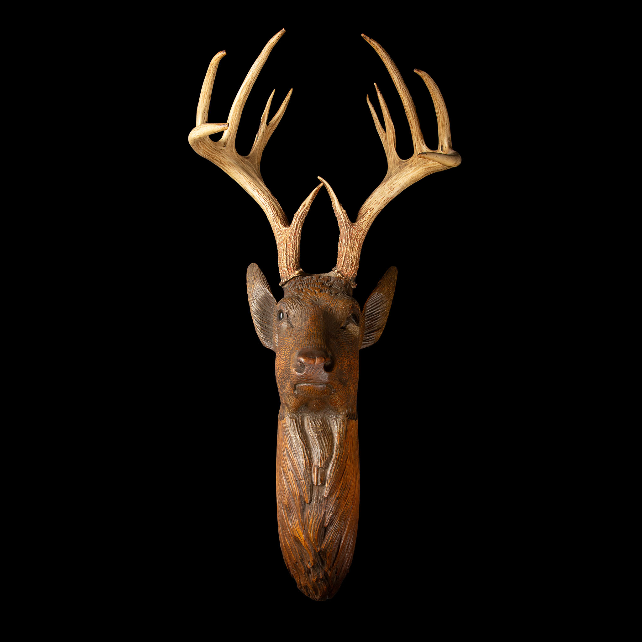 Black Forest Carved Wood Deer Wall Mount - w/ Real Antlers