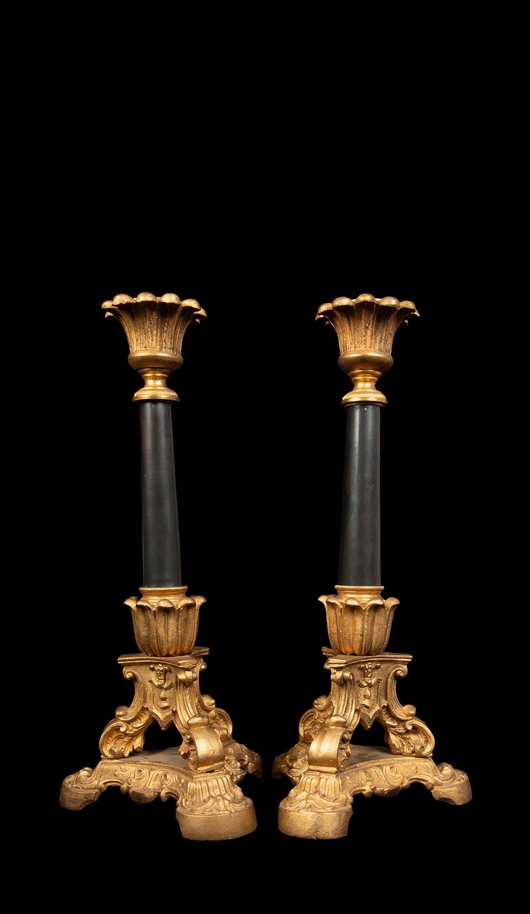 19th Century Gilt and Black Patinated Candle Sticks