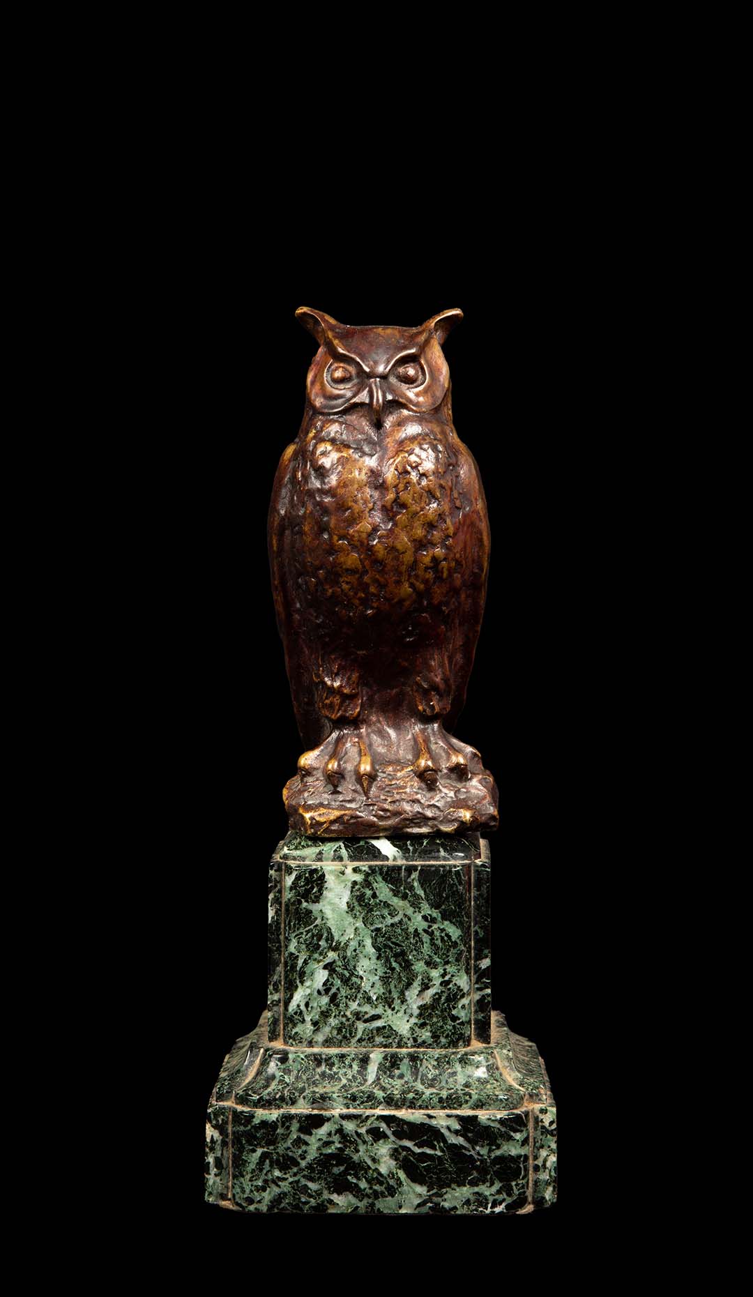 Bronze Owl on Green Marble Base by Max Le Verrier (1891 – 1973)