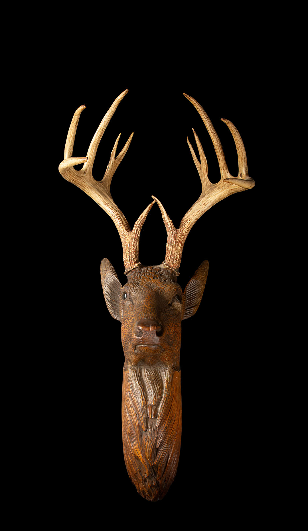 Black Forest Carved Wood Deer Wall Mount – w/ Real Antlers
