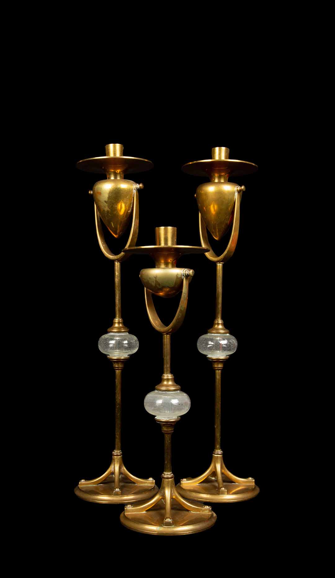 Three Chapman Brass and Glass Candlesticks