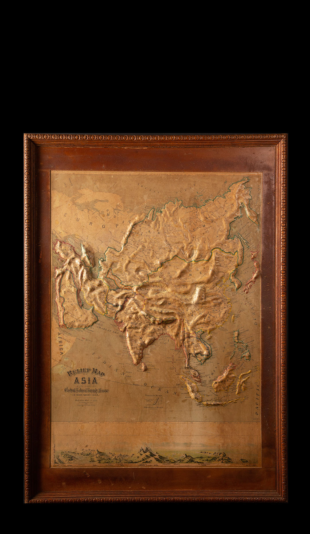 Early 20th C. Relief Map: Asia Wood Frame, Leather Matting