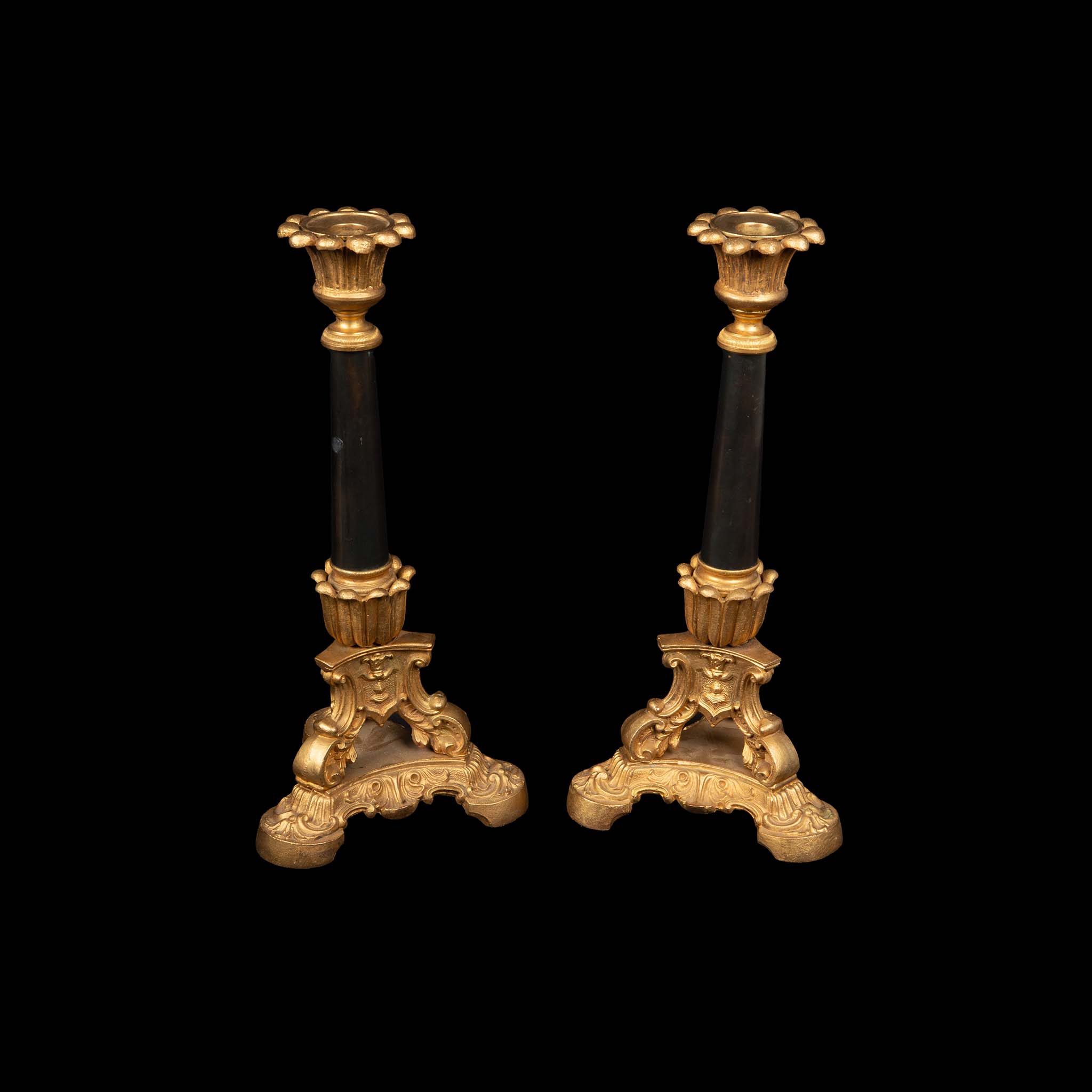 19th Century Gilt and Black Patinated Candle Sticks