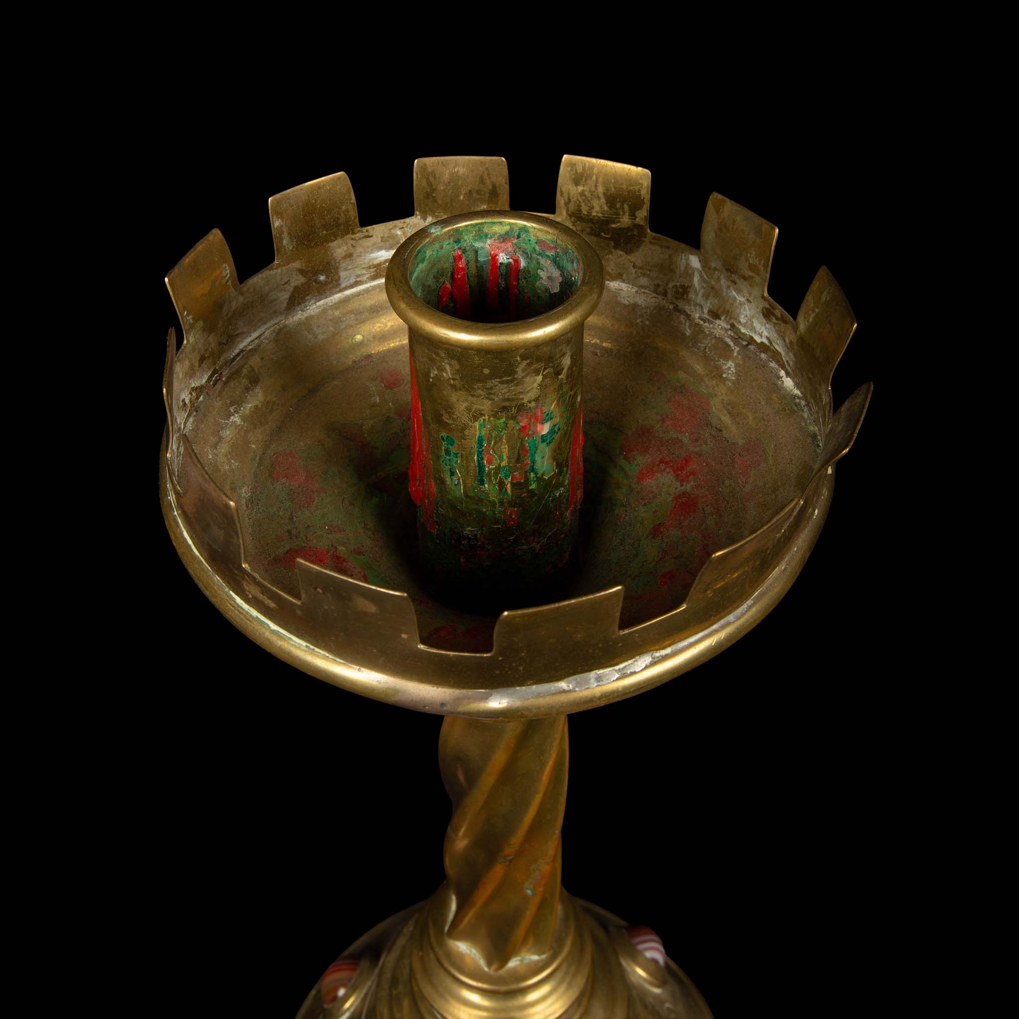 20th Century Brass and Agate Gothic Style Candle Sticks