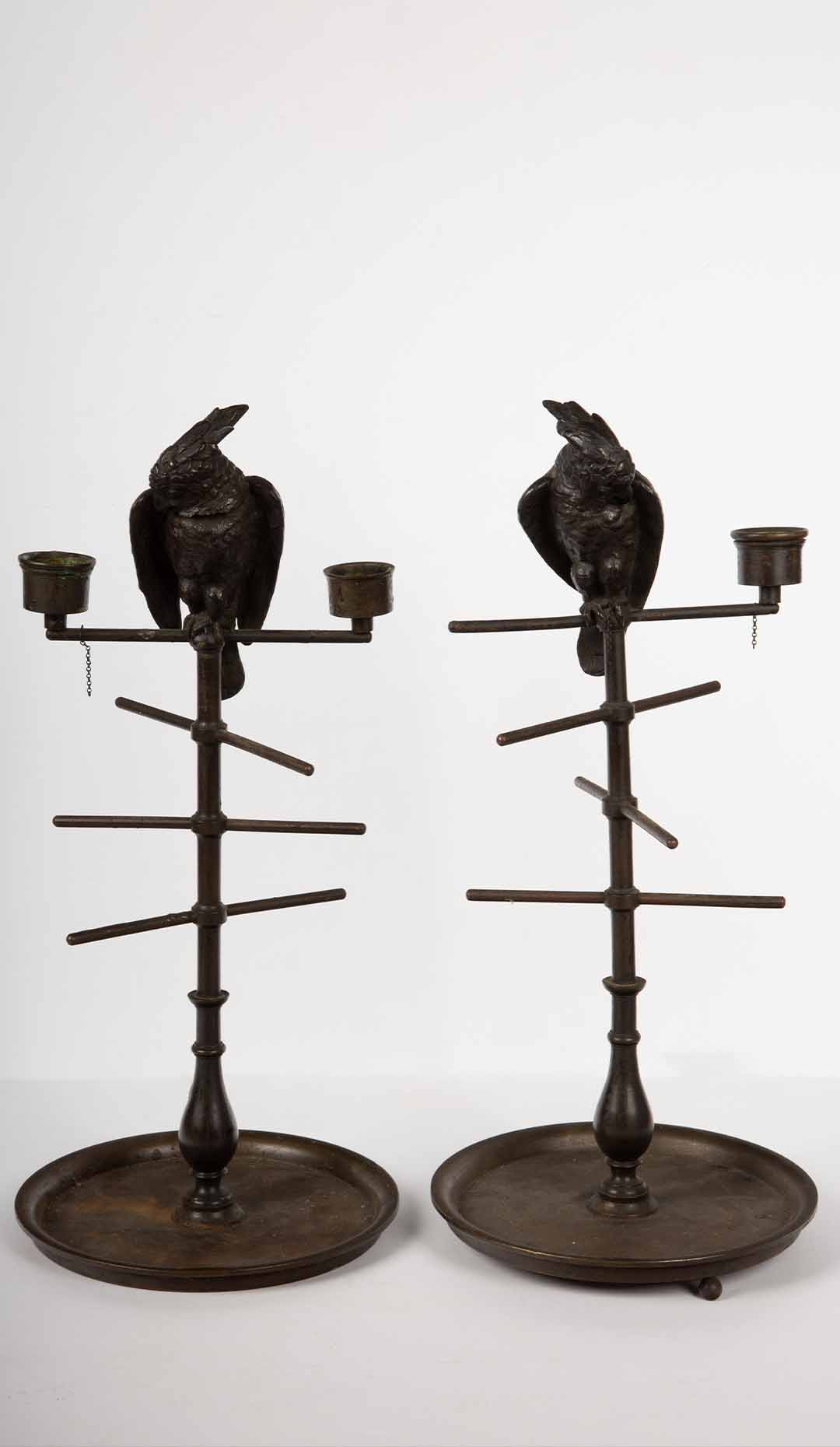 Whimsical 19th Century Parakeet Perch Inkwell Candlesticks: Ink ‘n’ Perch Delight!