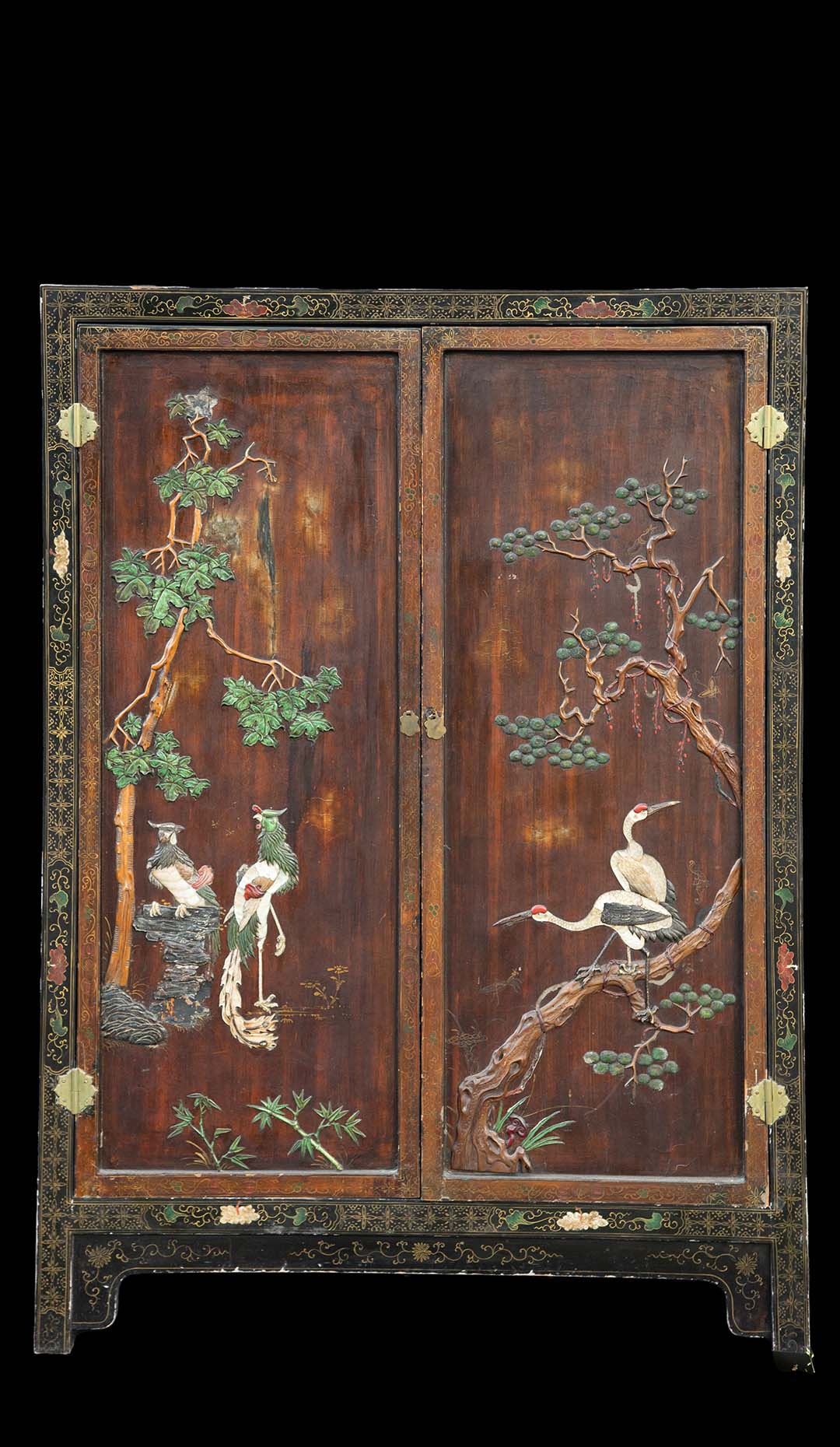 19th Century Chinese Armoire Decorated with High Relief Flora and Fauna