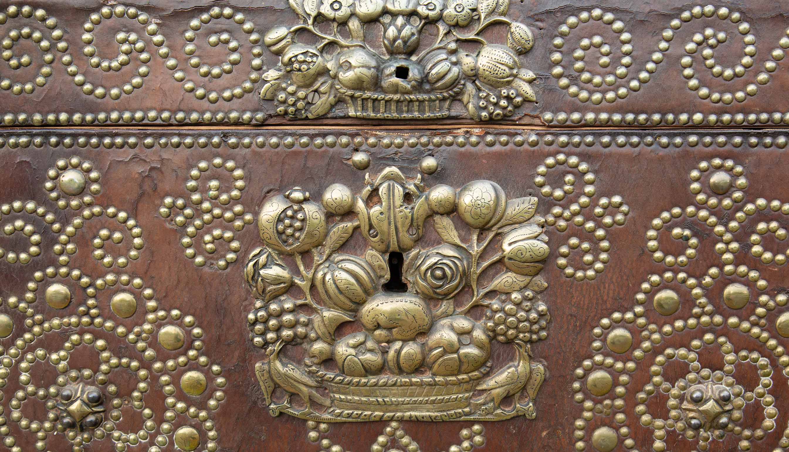 Brass Worked Leather and Wood Chest