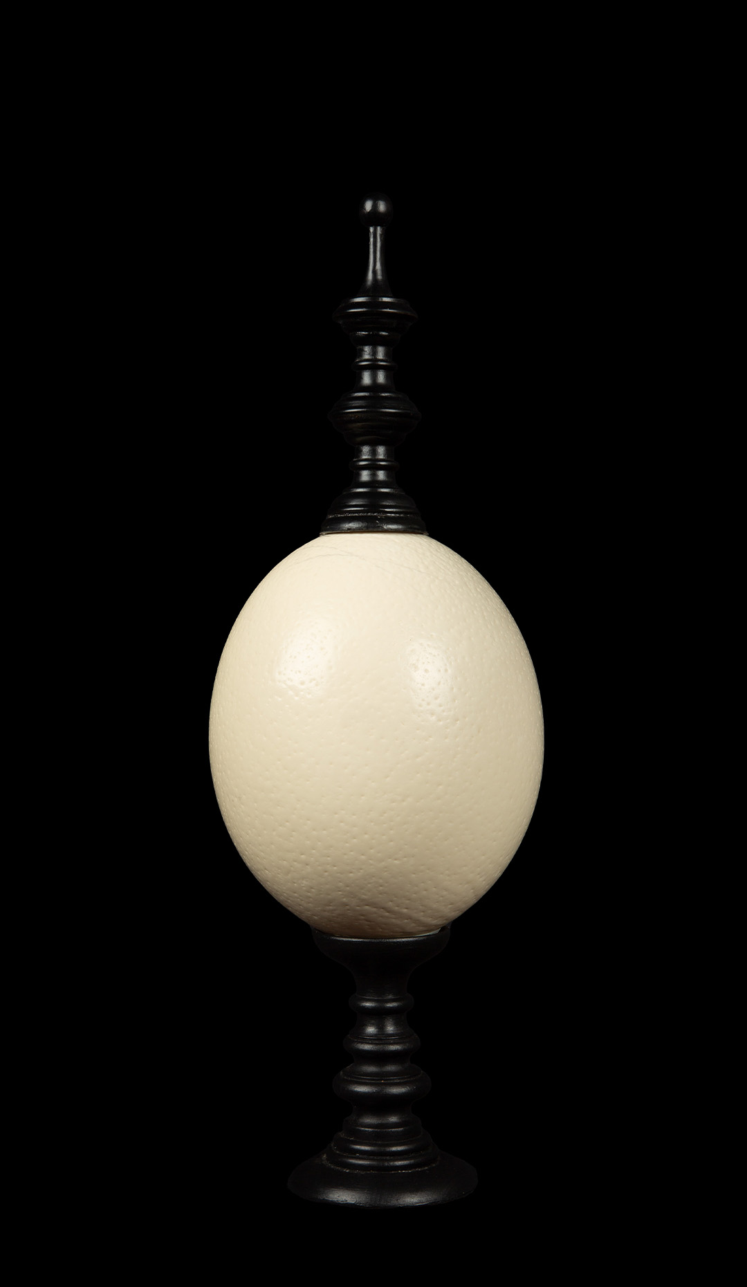 Mounted Ostrich Egg, Tall w/ Tall Wood Finial 14.25″ H