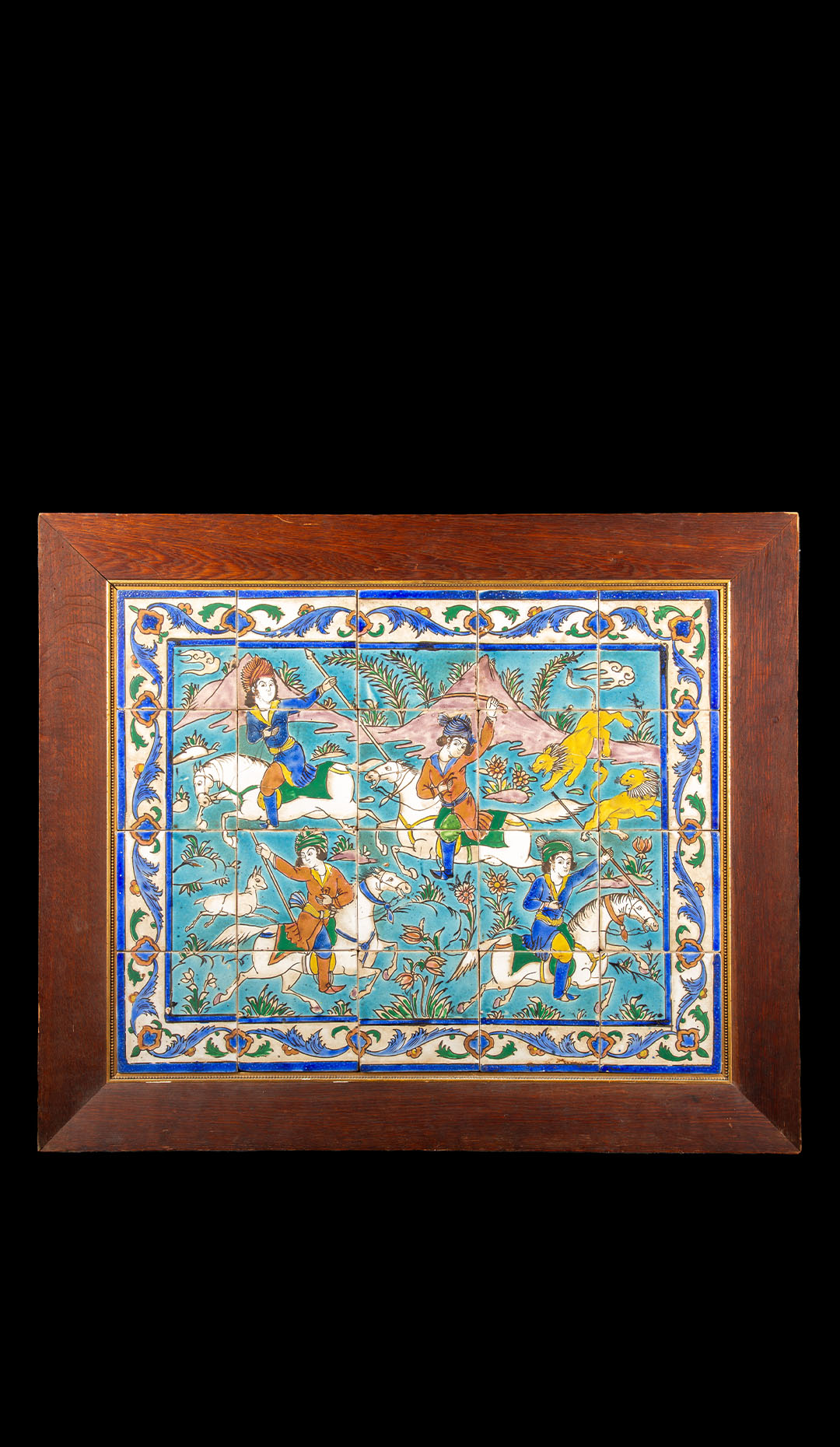 Lion Hunt: 19 Century Glazed Ceramic Panel from Qajar Iran