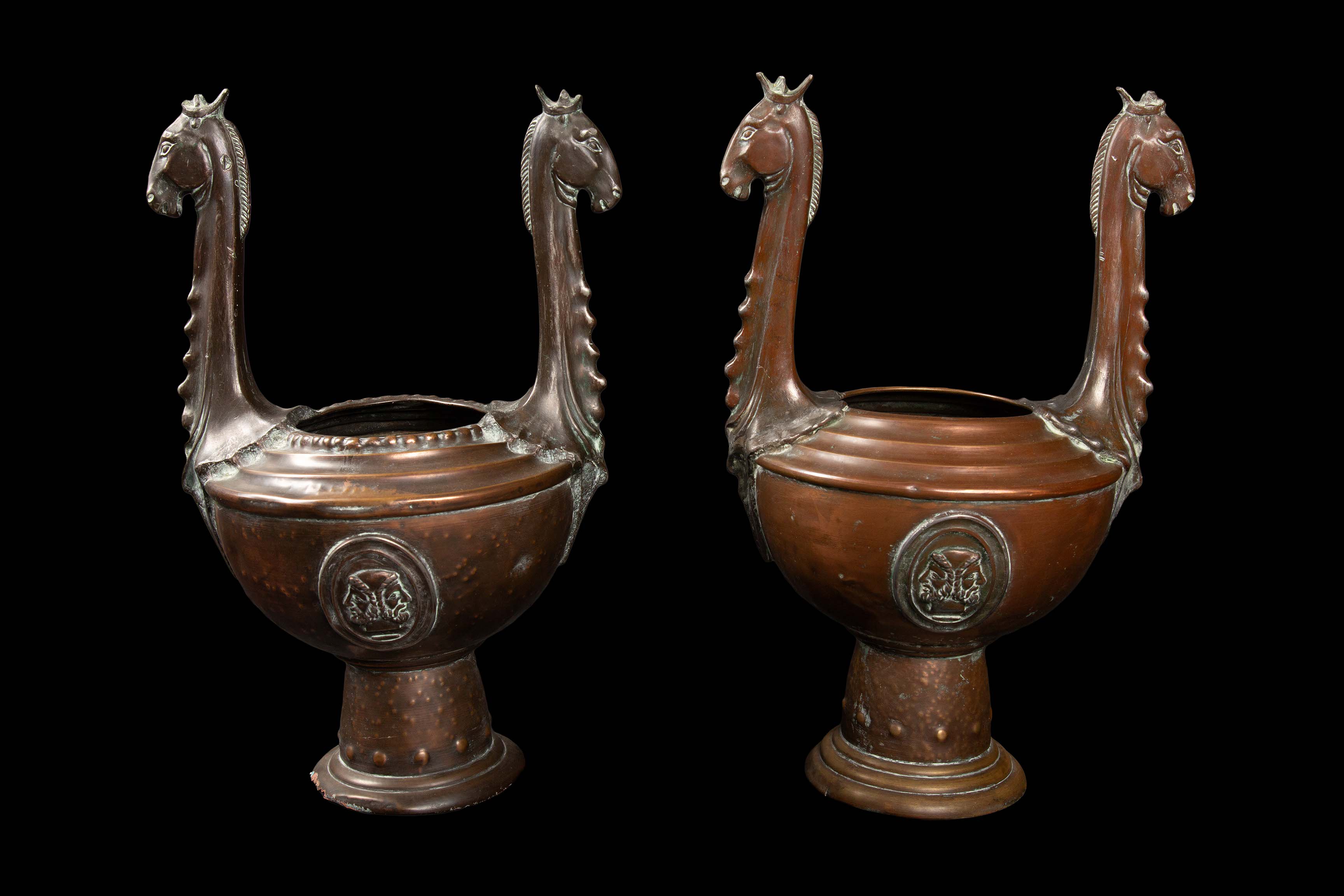 Timeless Wisdom: 19th Century Greek Owl Urns with Crowned Horse Heads