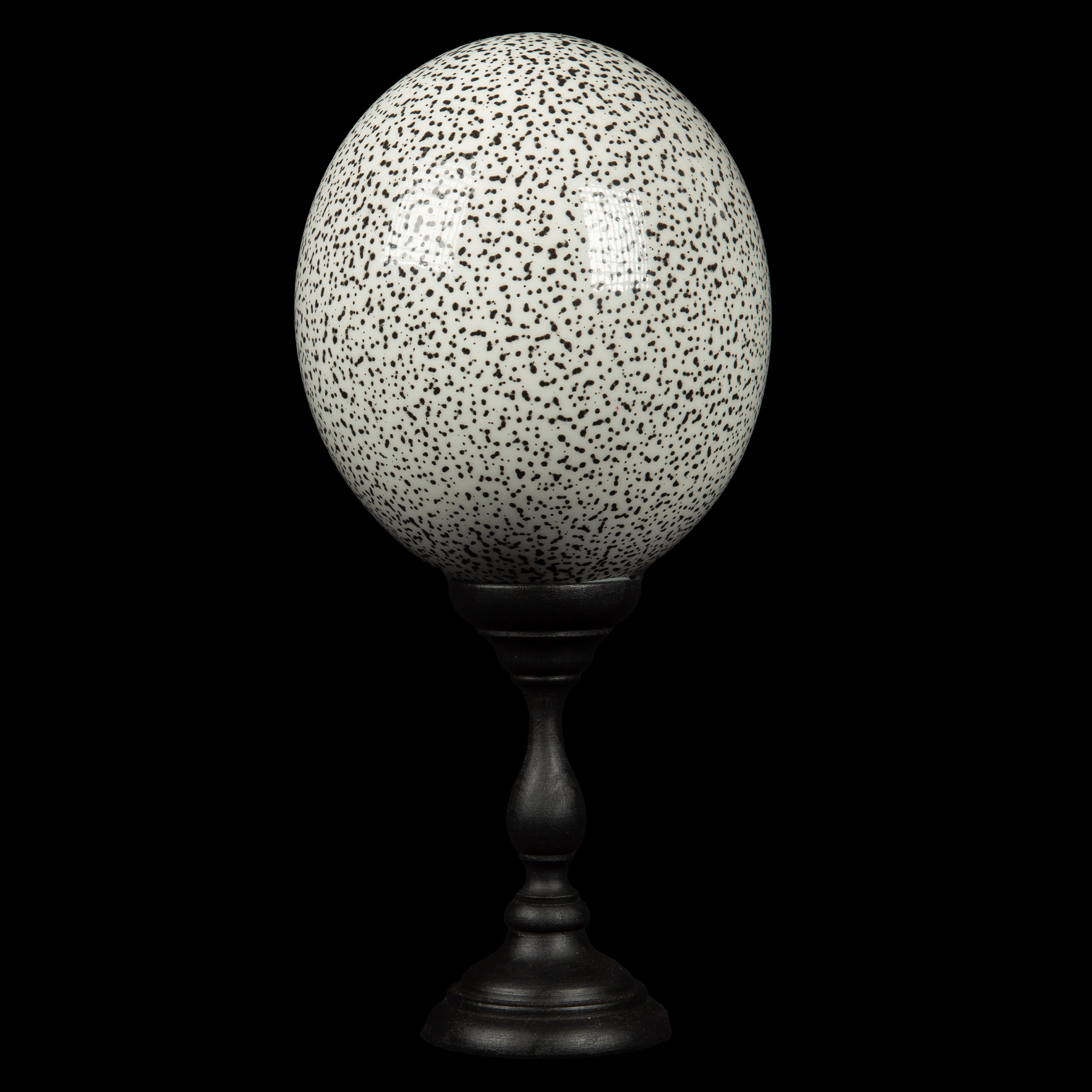 White Specked Lacquered Ostrich Egg Mounted