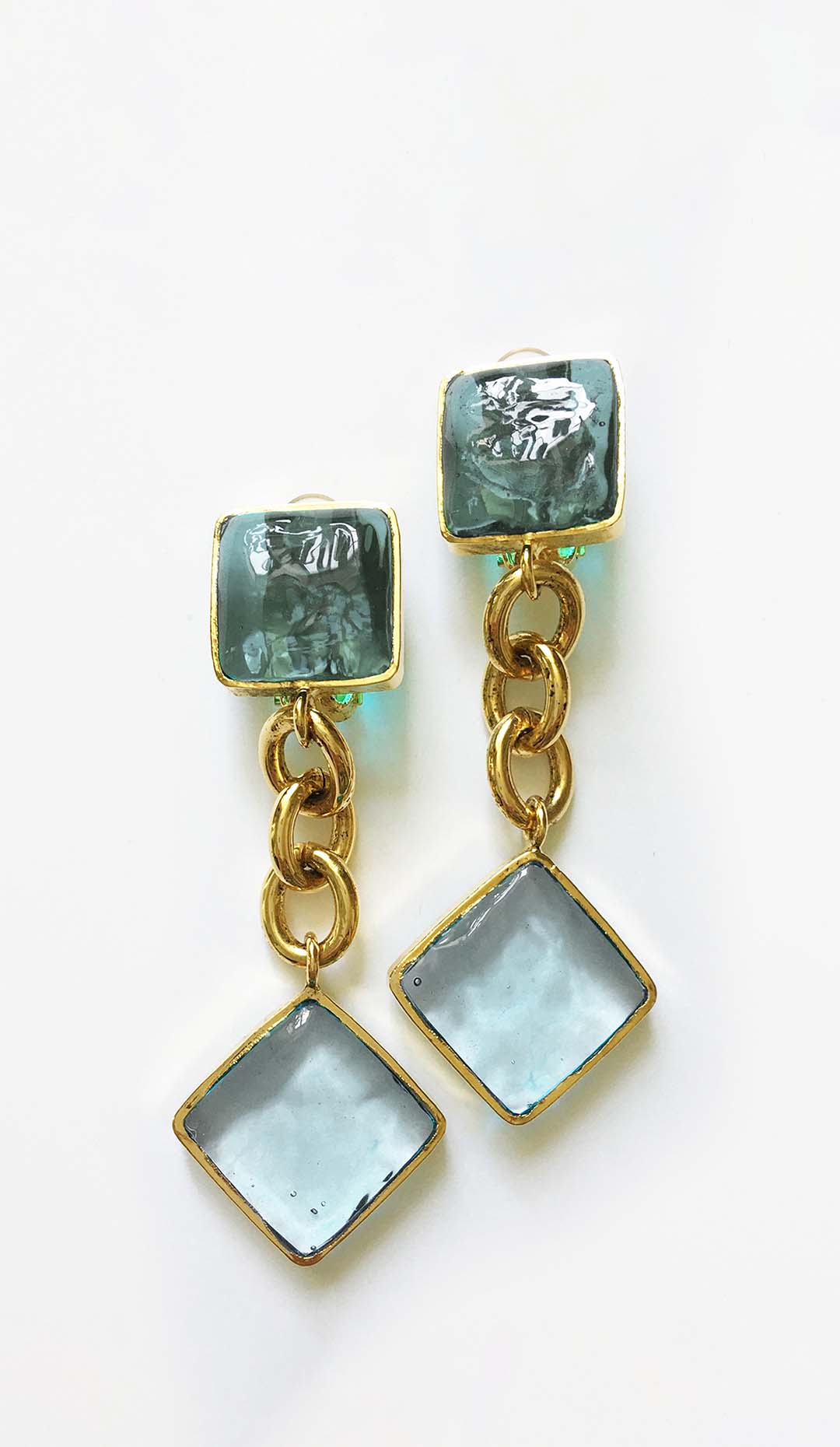 Pave & Diamond Three Link Clip Earrings, Aqua