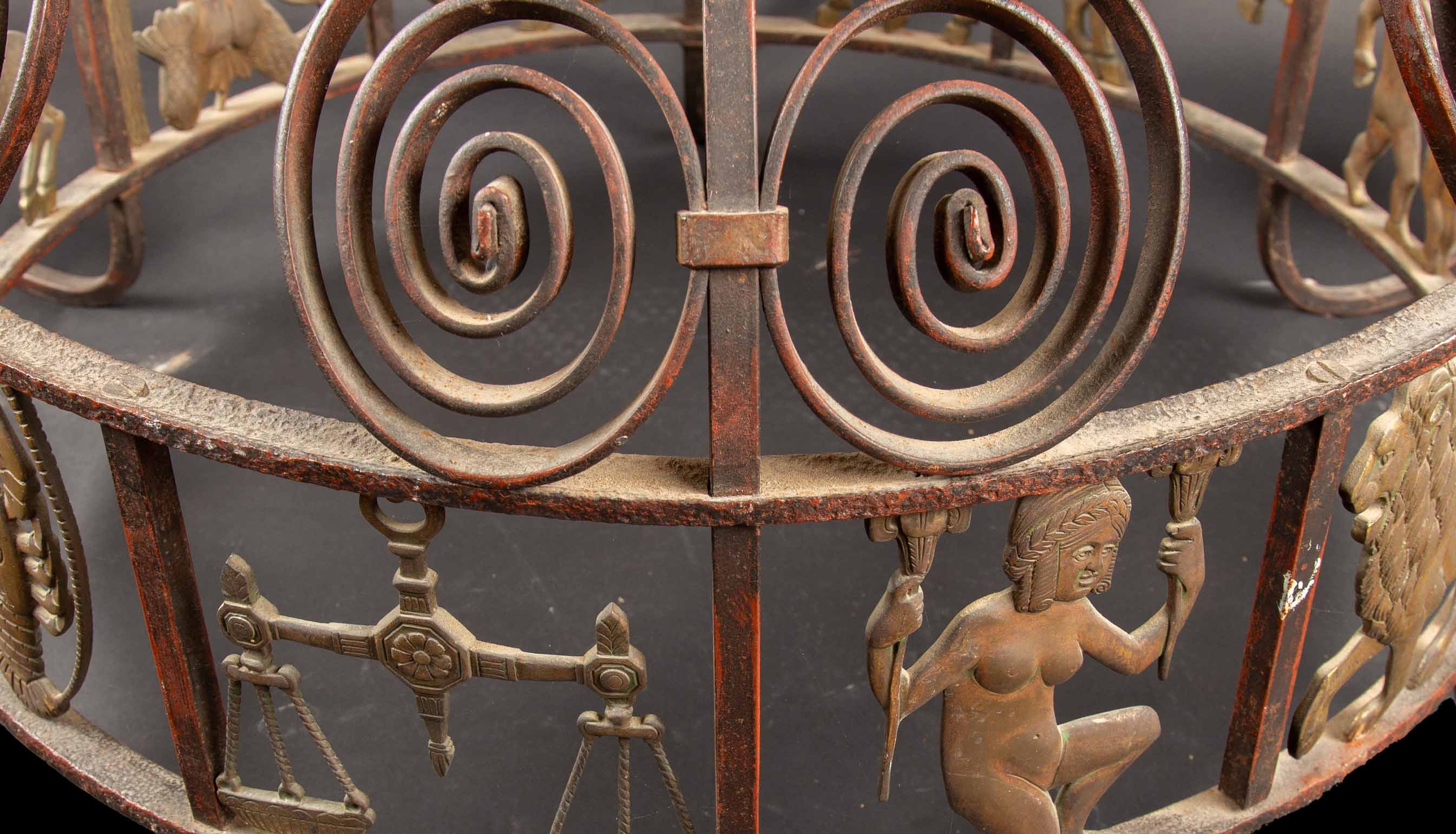 Celestial Splendor: 1920's French Art Deco Iron and Bronze Zodiac Chandelier