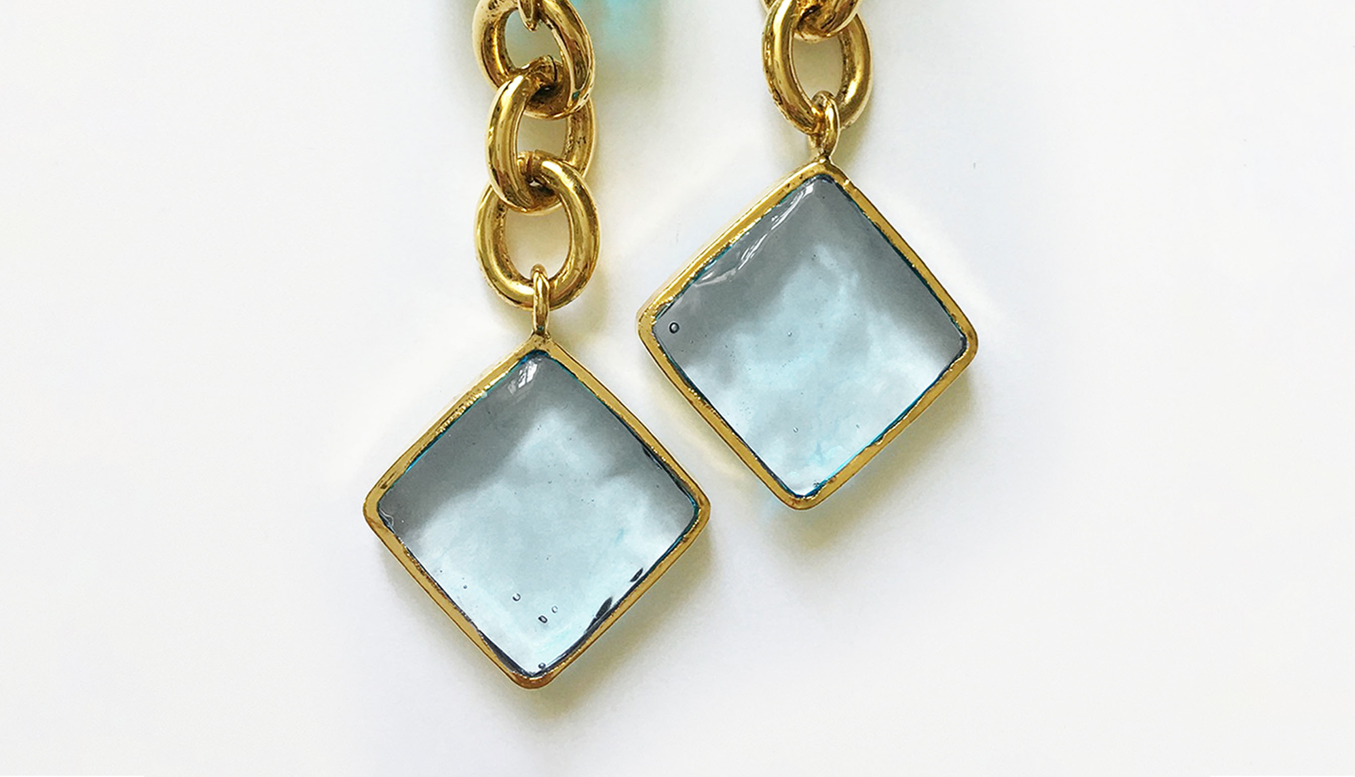 Pave & Diamond Three Link Clip Earrings, Aqua