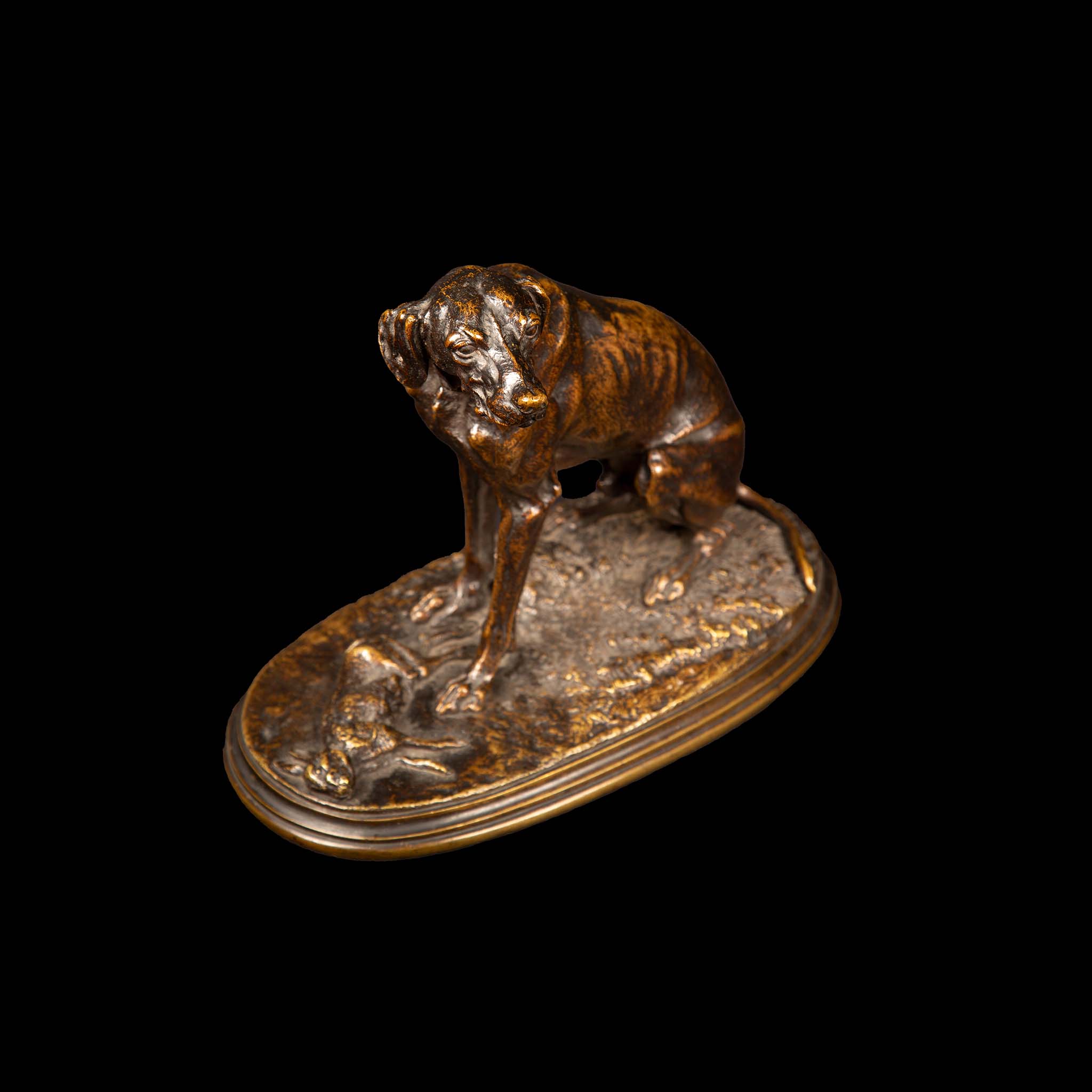 Patinated Bronze Of a Hunting Dog having brought back its Hare