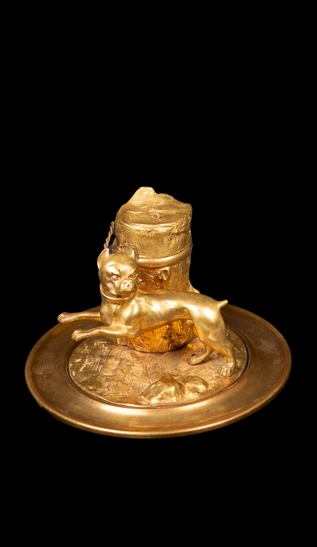 Gilded Inkwell Depicting a Pit-bull Tied to Tree Stump from the 19th Century