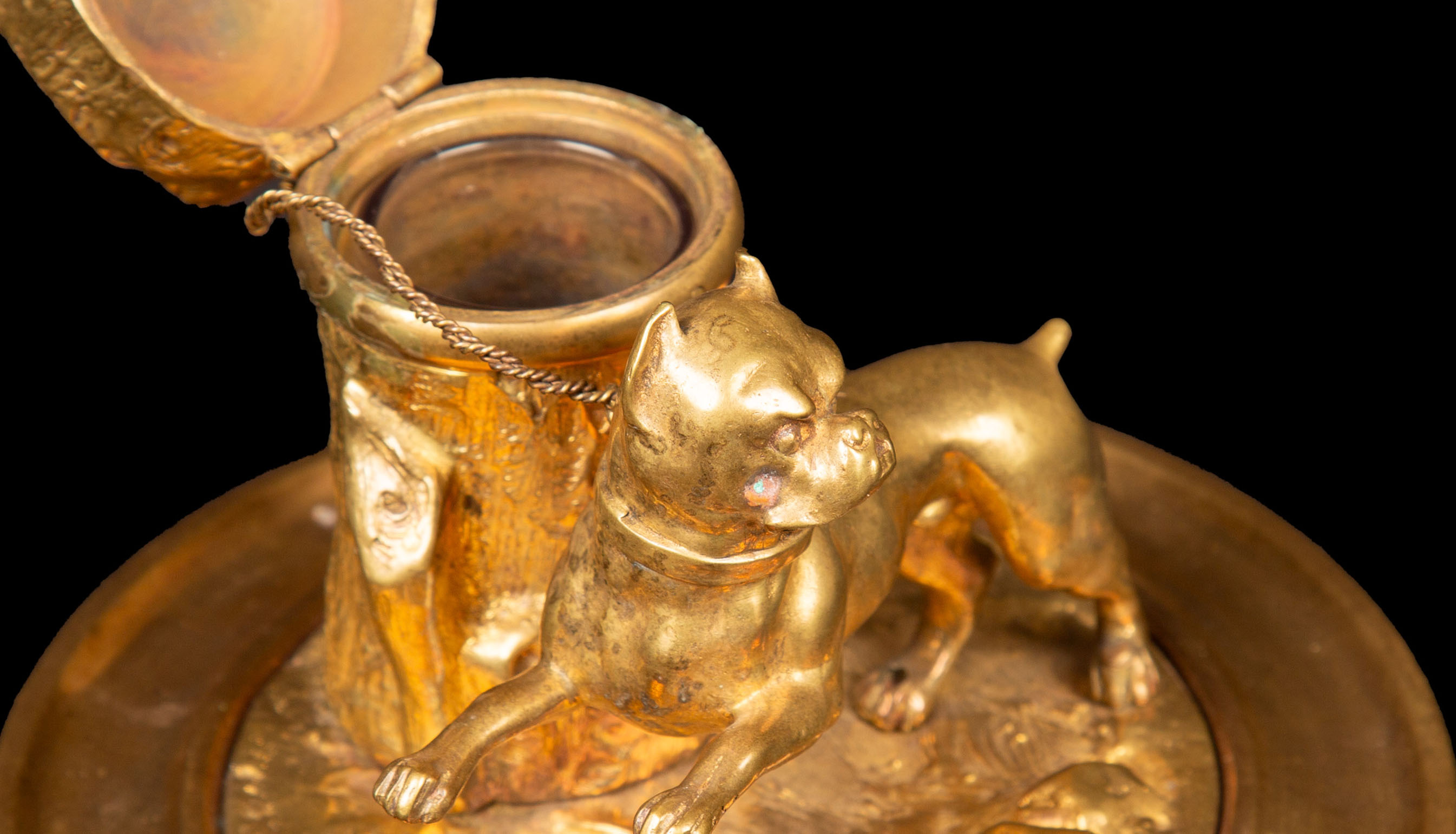 Gilded Inkwell Depicting a Pit-bull Tied to Tree Stump from the 19th Century
