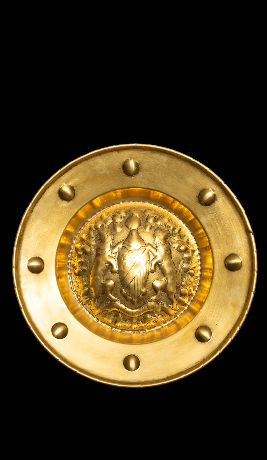 19th Century Ornamental Brass Alms Dish with English Coat of Arms 18.25