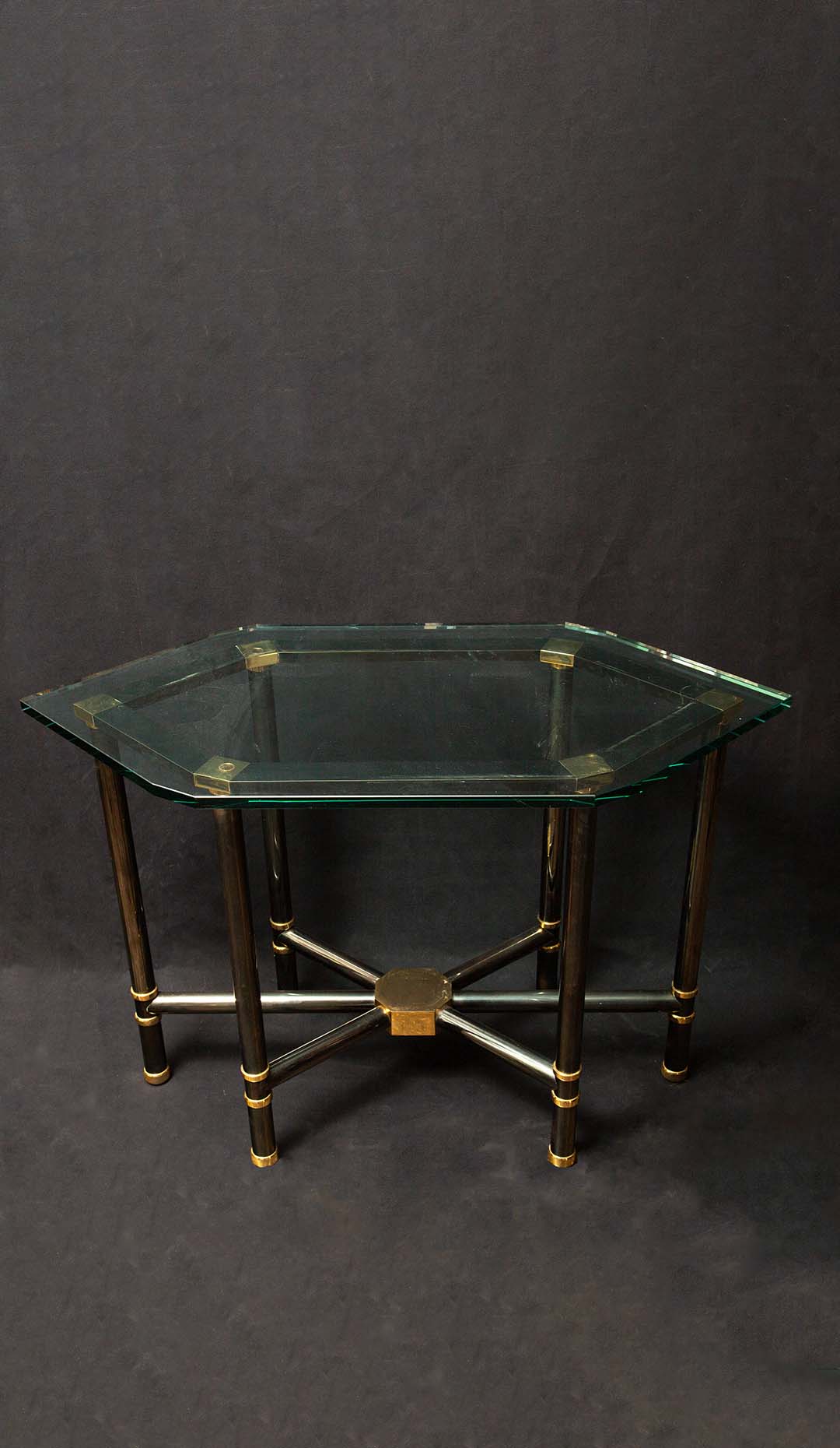 Elegant Gunmetal and Brass Center Table by Karl Springer w/ Glass Top