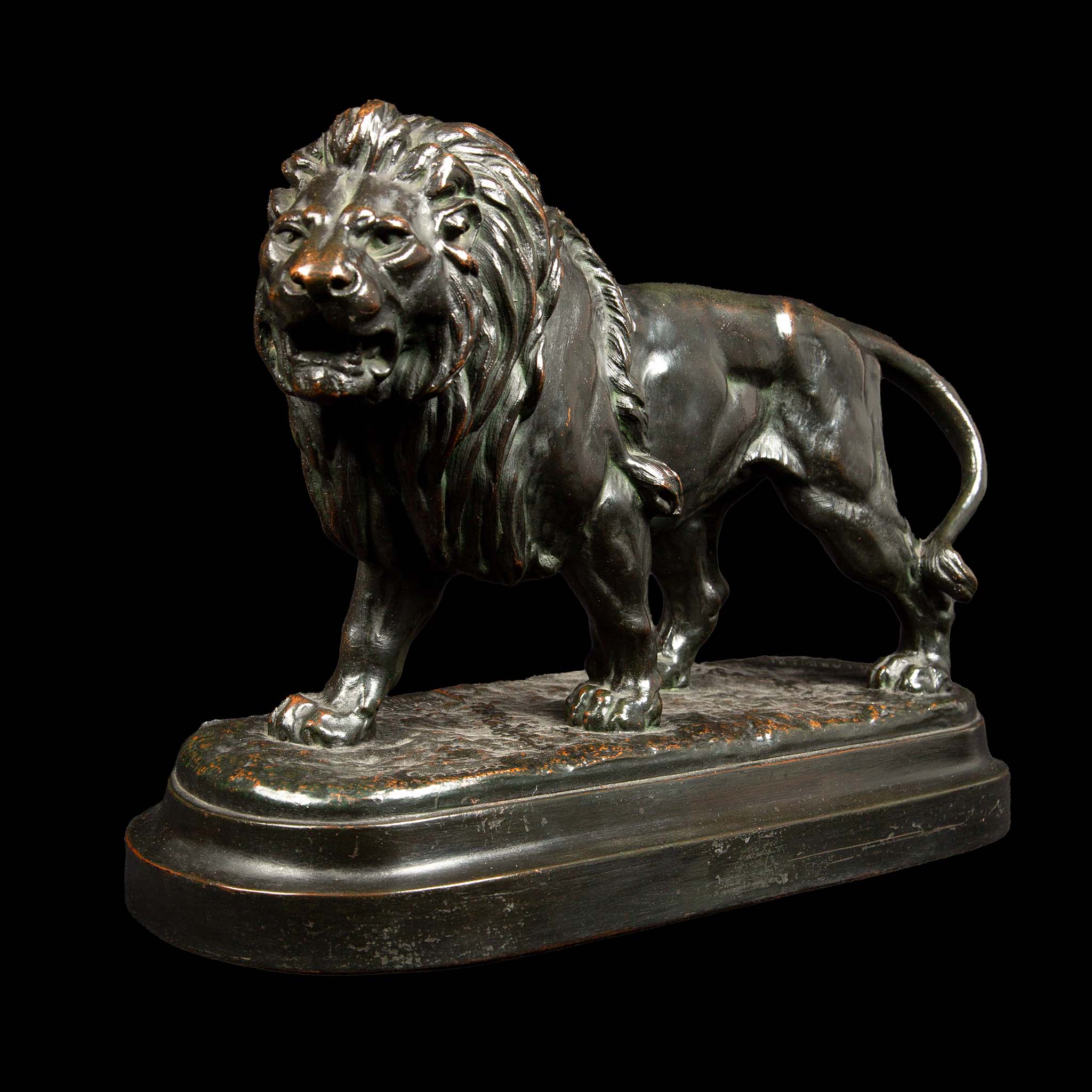 French Patinated Bronze Lion from the 19th Century, Signed Delabriere