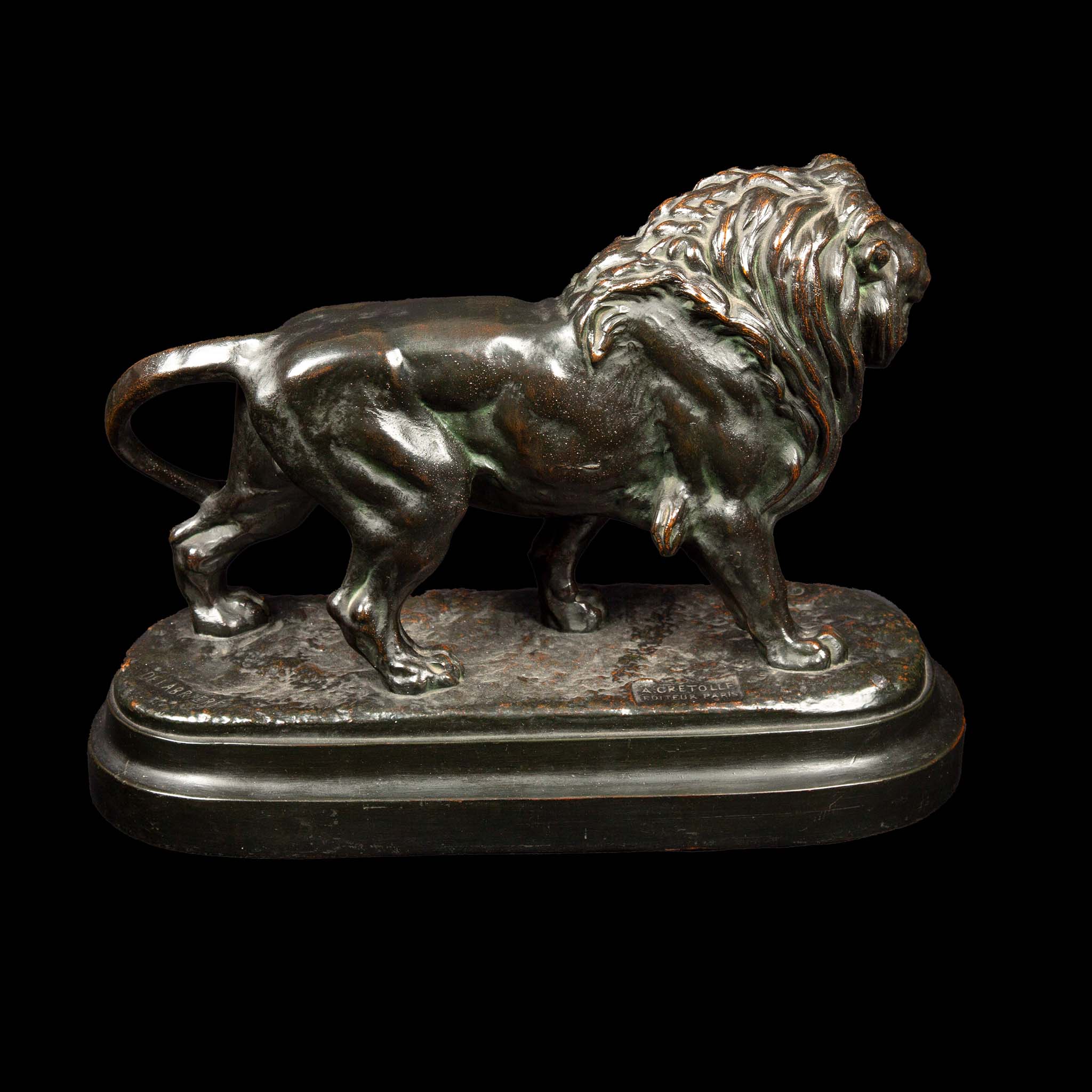 French Patinated Bronze Lion from the 19th Century, Signed Delabriere
