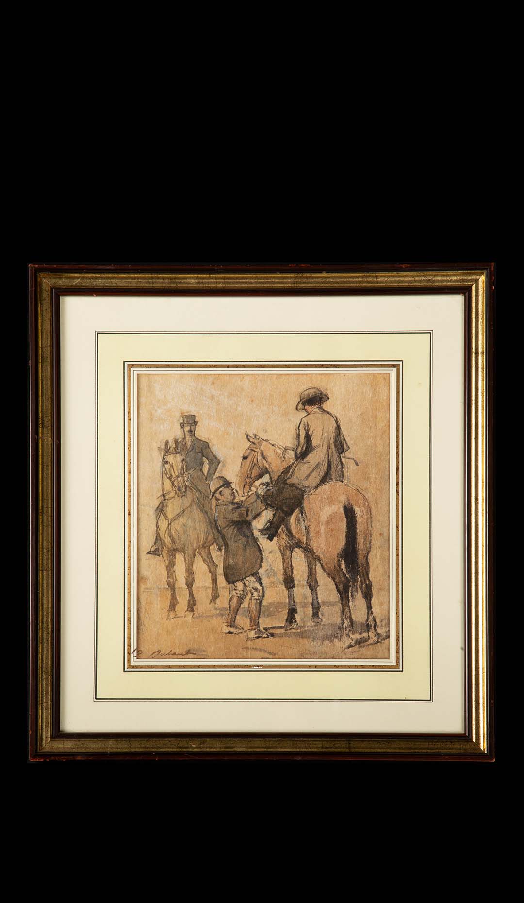 Pierre DUBAUT (1886-1968) Ink Painting of a Man and Woman on Horse Back