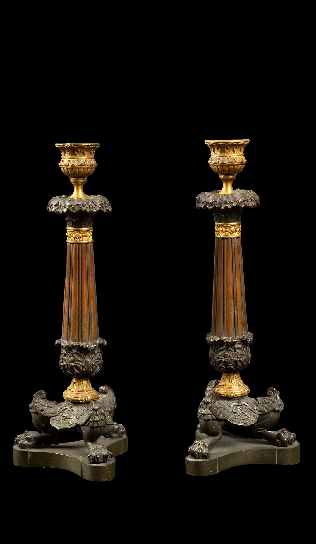 Early 19th C Pair of Bronze Candlesticks W/ Acanthis Decoration