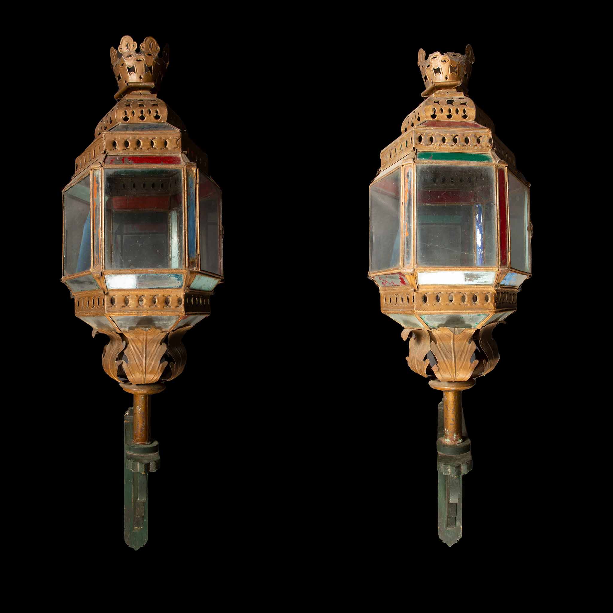 19th Century Venetian Lantern Pair: Exquisite Artistry on Custom Wood Brackets