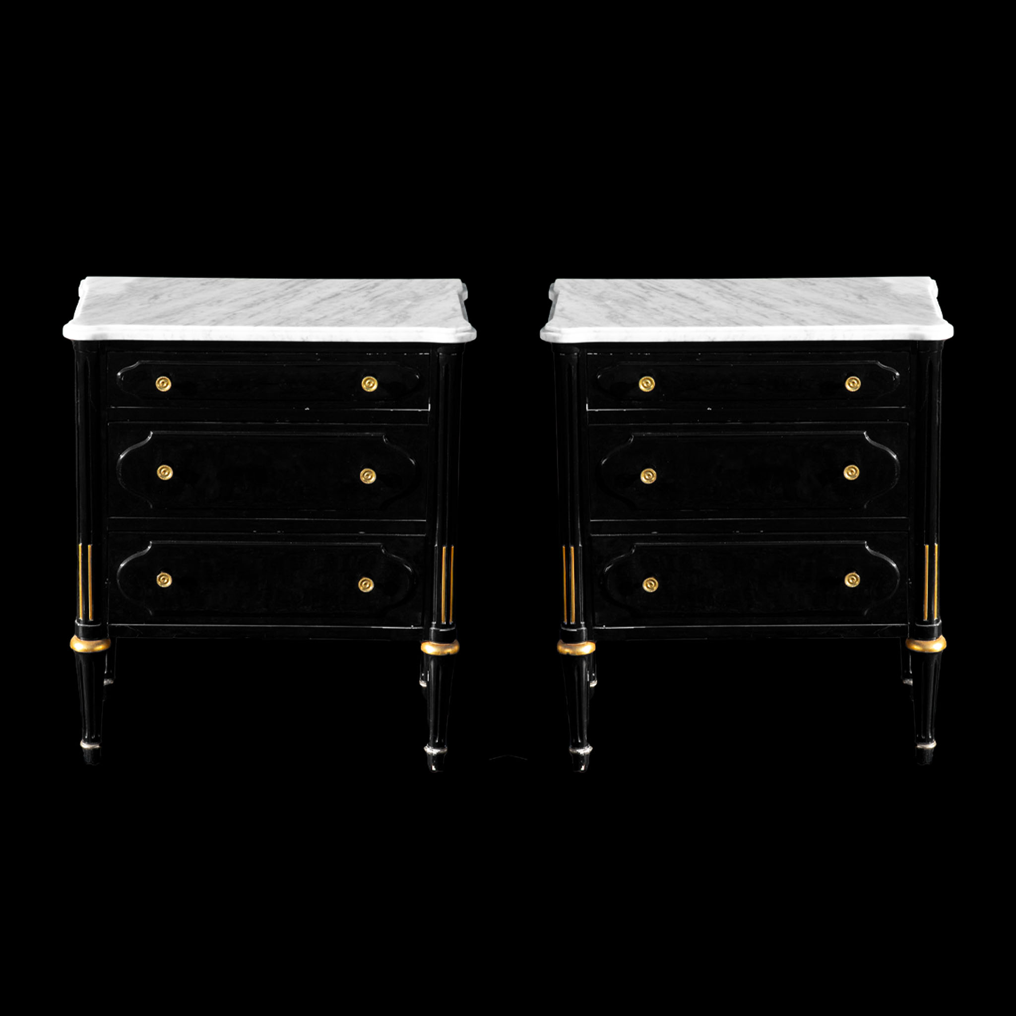 Pair Of Small Black Lacquer, Brass and Marble Dressers