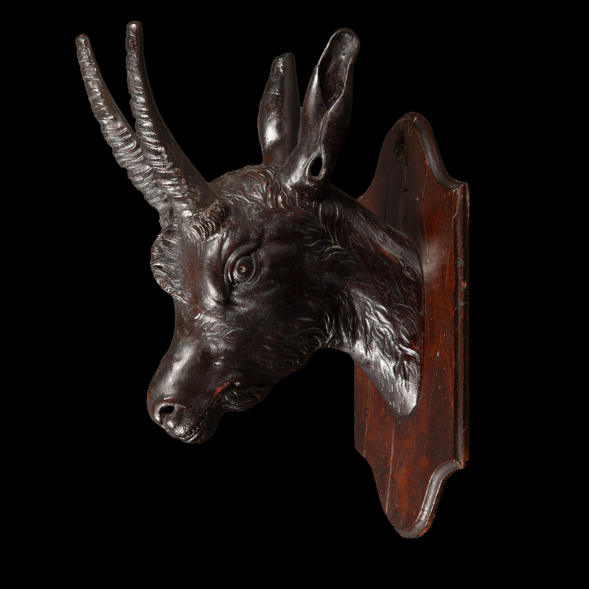 19th C. Black Forest Wall Mounted Carved Wood Goat on a Plaque