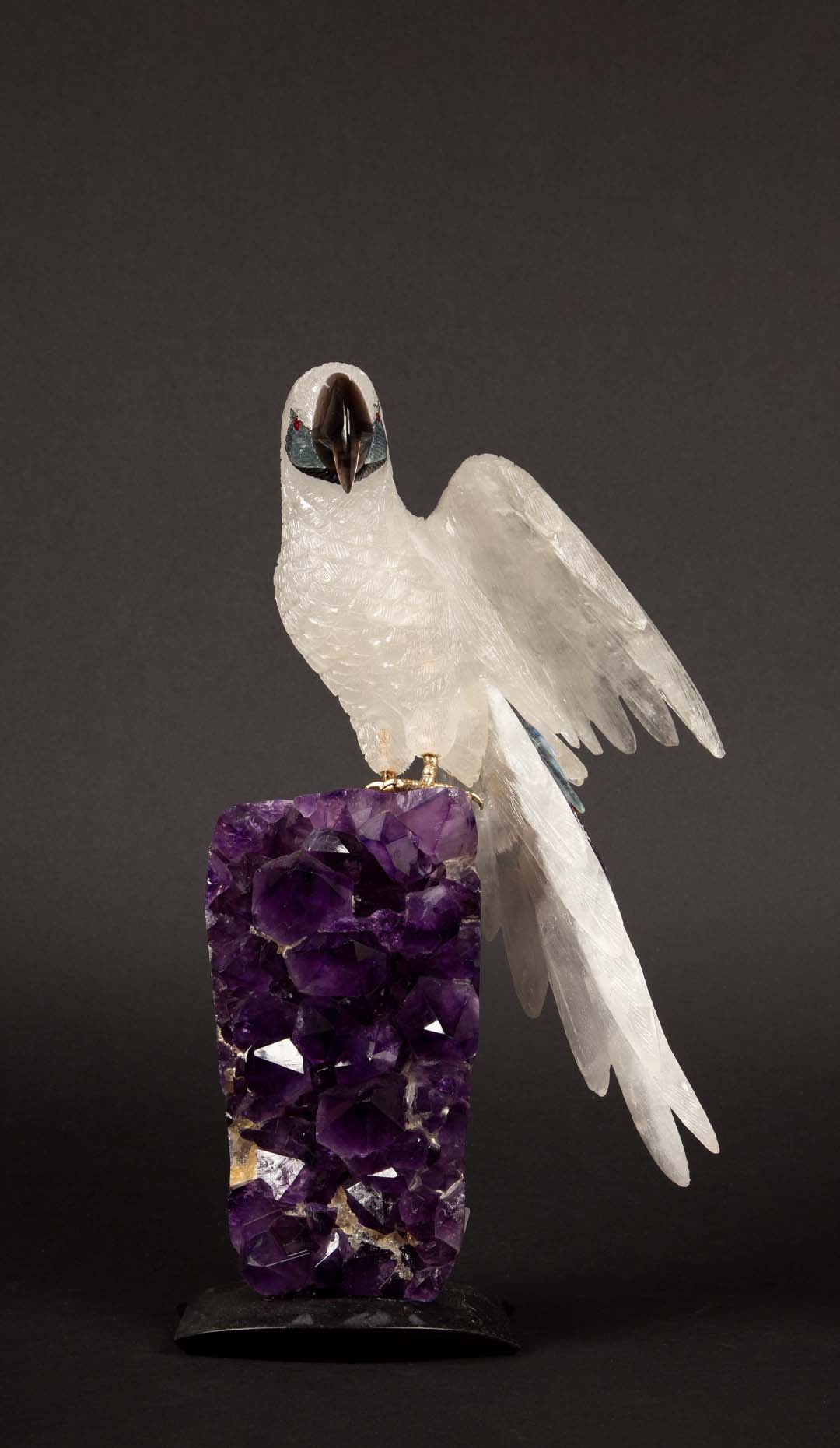 Carved Rock Crystal Parrot Mounted on an Amethyst Cluster