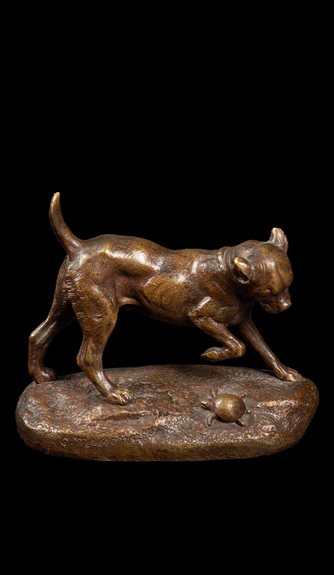 Late 19th Century Bronze Sculpture: Dog and Turtle Play by Clovis Edmond Masson