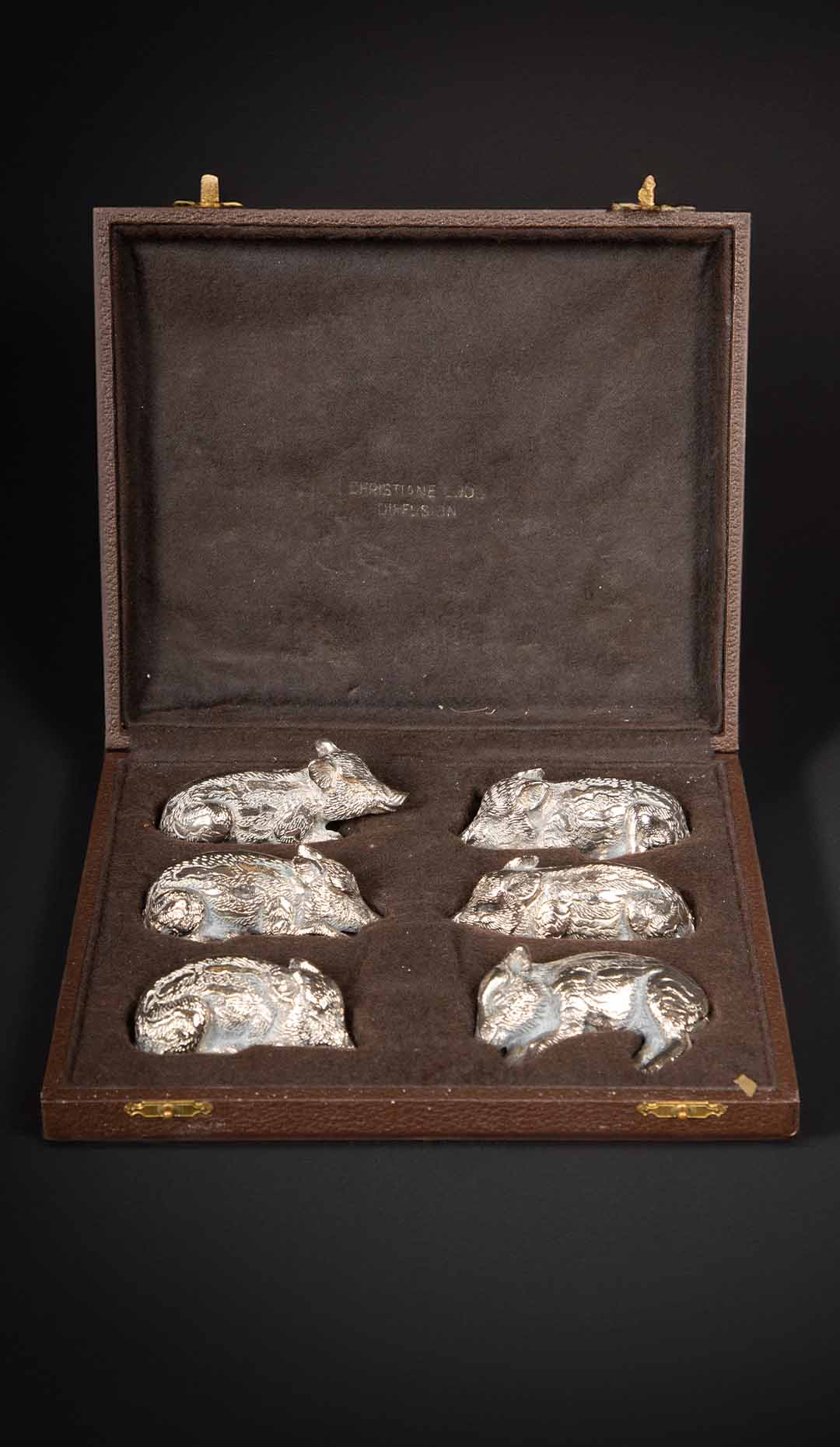 Set of 6 Pewter Pigs in a Custom Case by Jean Maillard C 1950