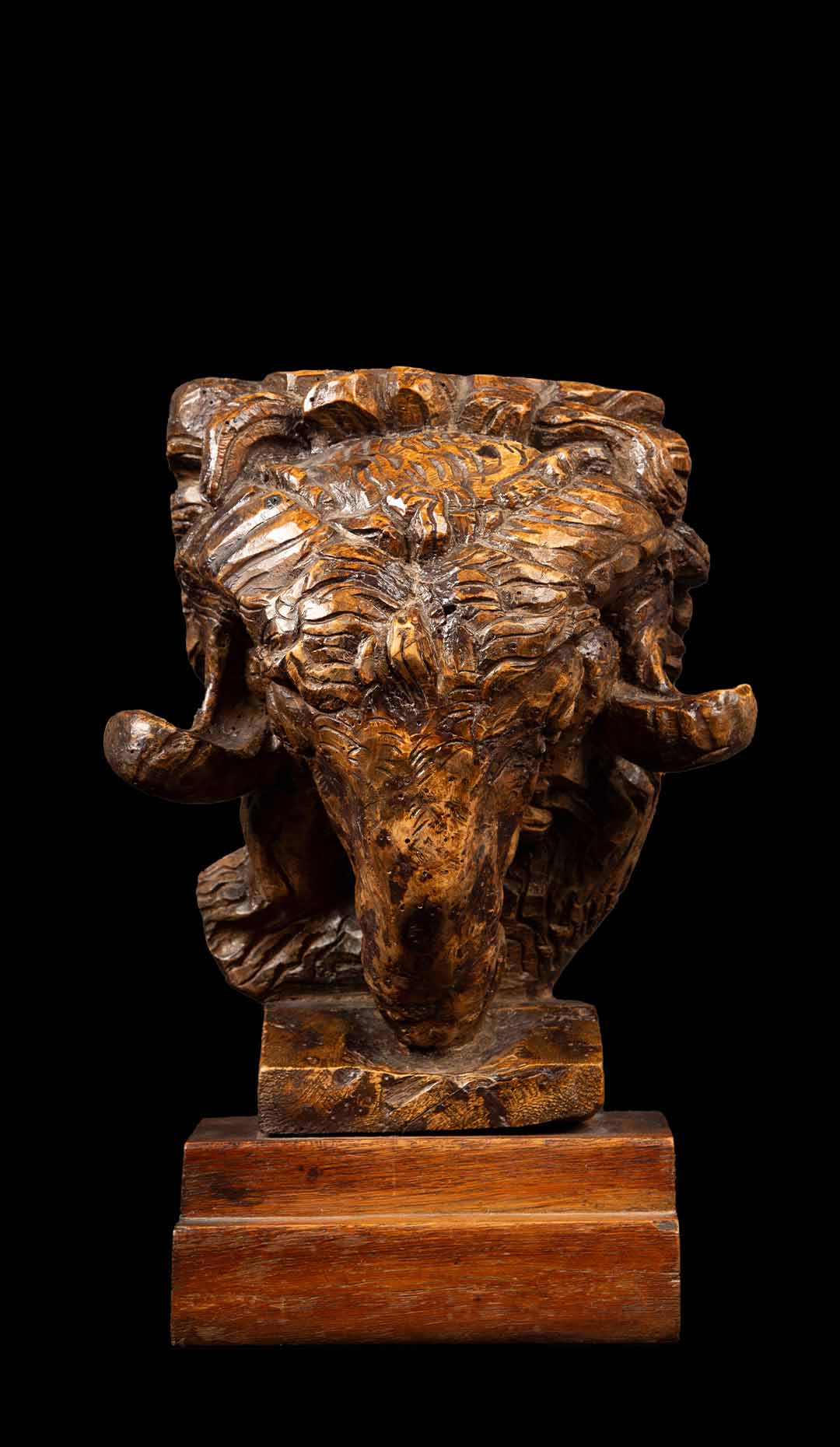 20th Century Burl Wood Sculpture of a Ram’s Head by Edwin Bucher (1879-1968)