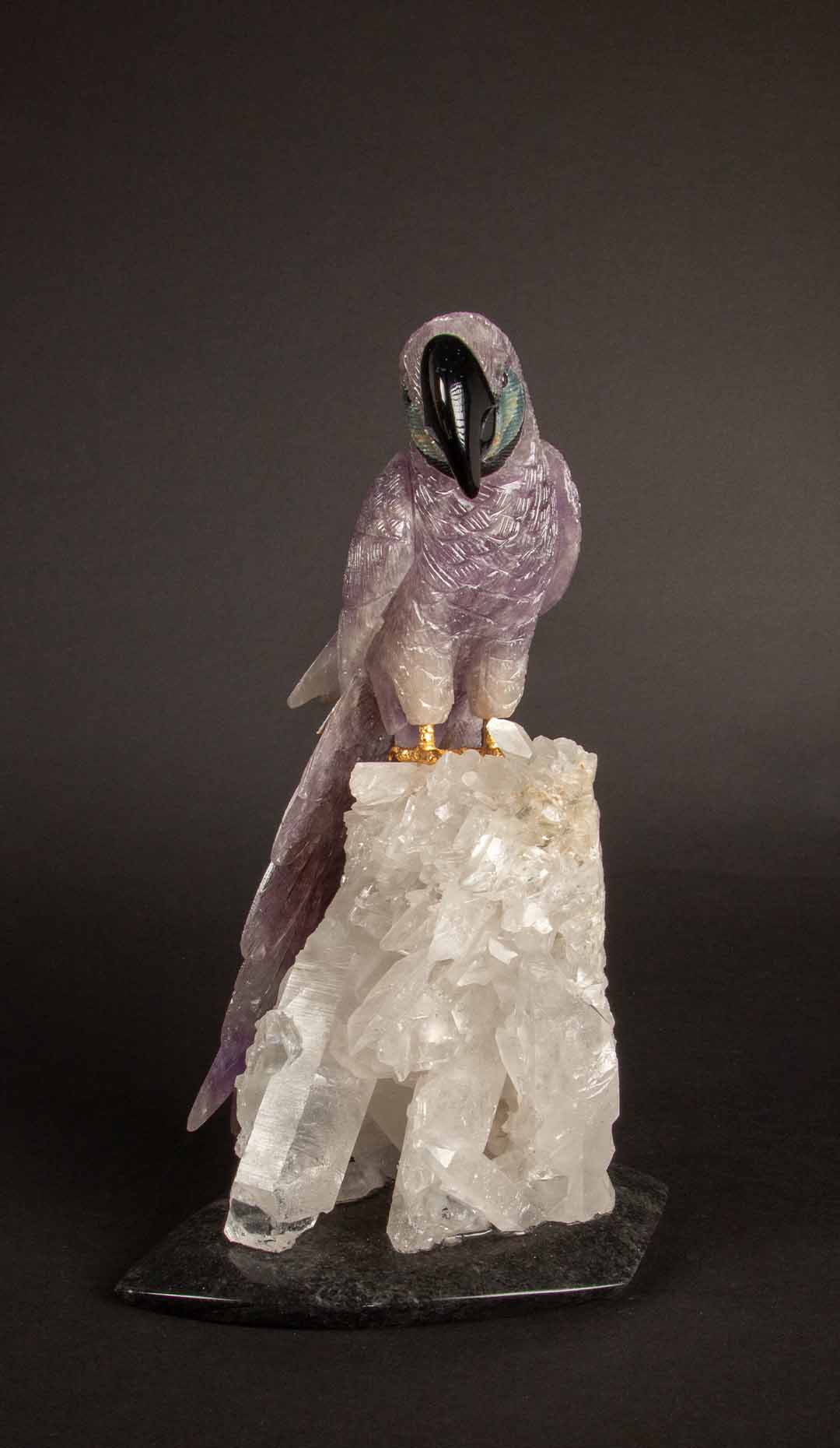 Carved Amethyst Parrot Mounted on an Rock Crystal Cluster 10.5