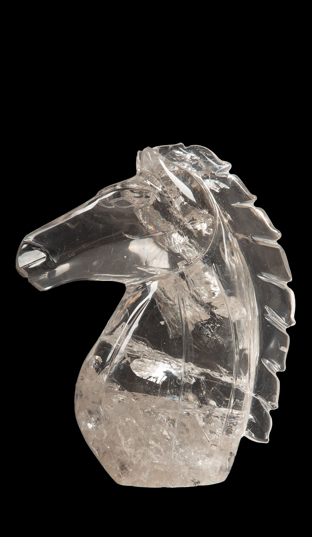 Enchanting Equestrian Elegance: Hand-Carved Rock Crystal Horse Head from Brazil