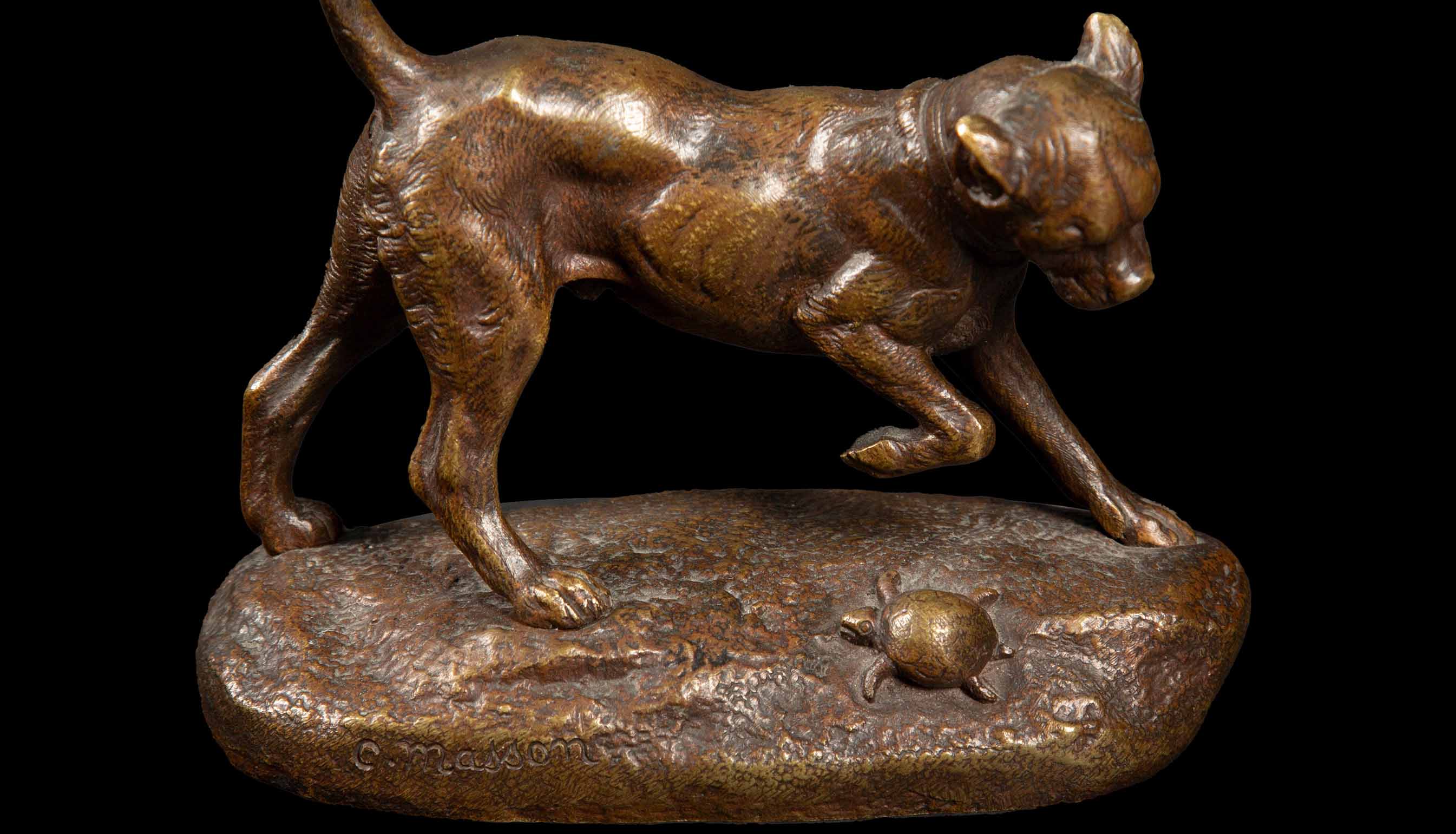 Late 19th Century Bronze Sculpture: Dog and Turtle Play by Clovis Edmond Masson