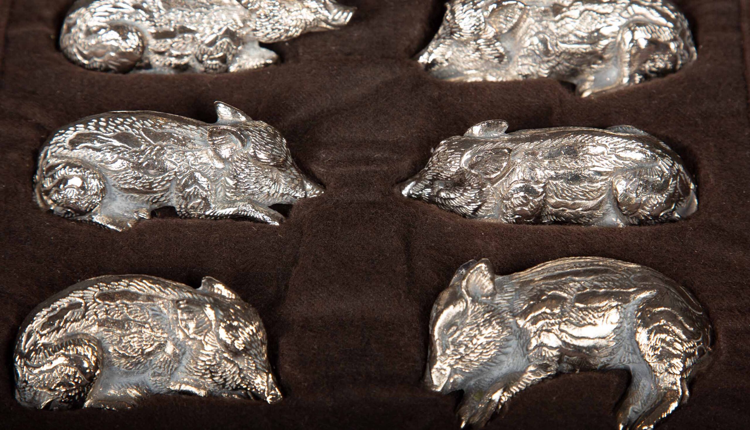 Set of 6 Pewter Pigs in a Custom Case by Jean Maillard C 1950