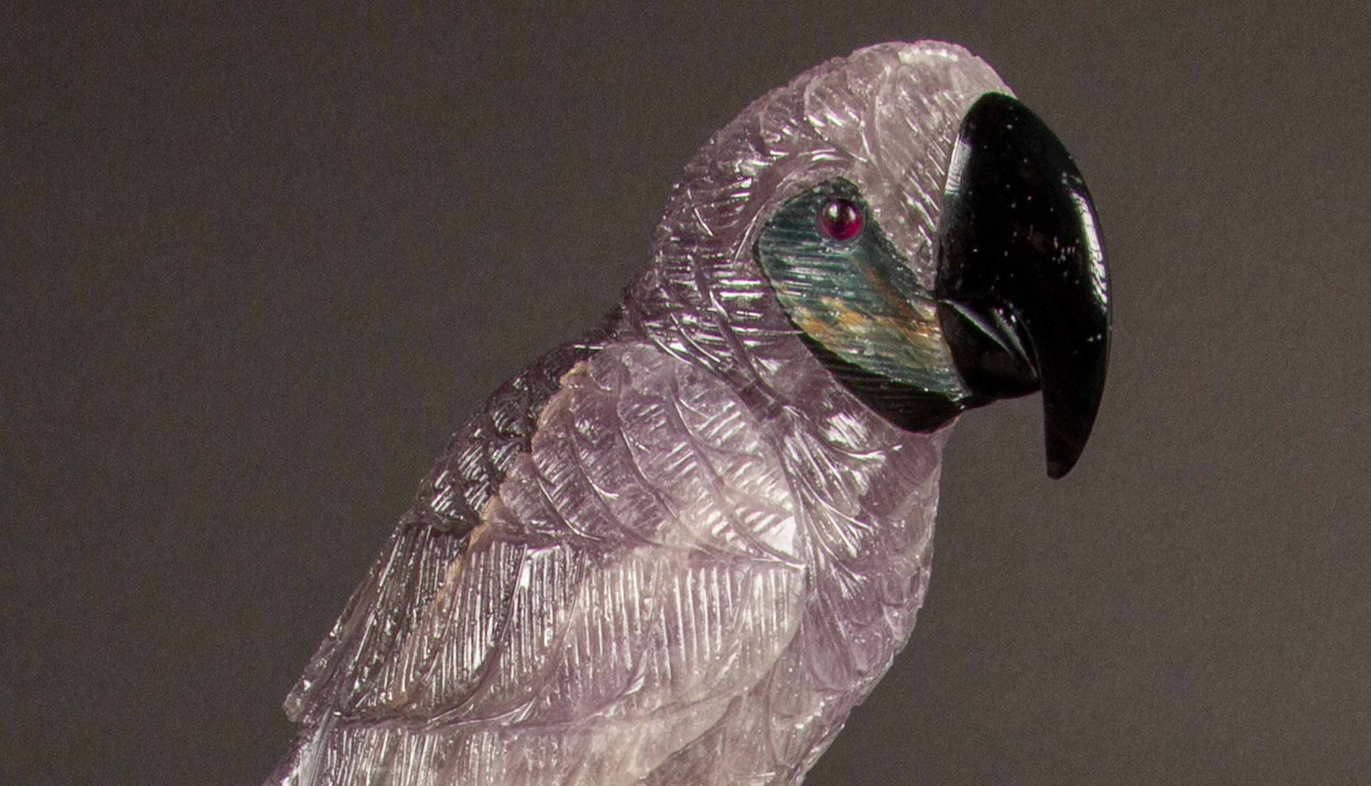 Carved Amethyst Parrot Mounted on an Rock Crystal Cluster 10.5