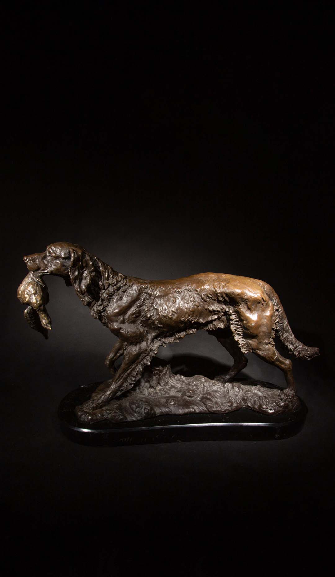 Large 19th Century Bronze of a Hunting Dog with Pheasant, Signed Louis Carvin