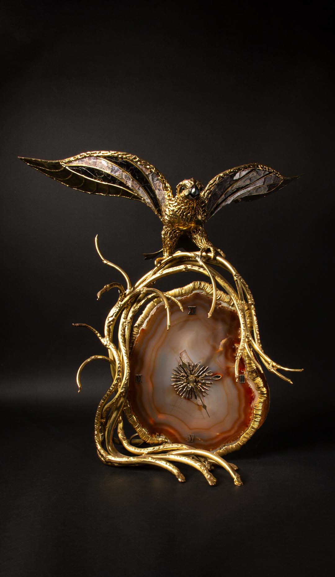 Illuminating Gilt Brass and Agate Sculpture/Clock by Richard and Isabelle Faure